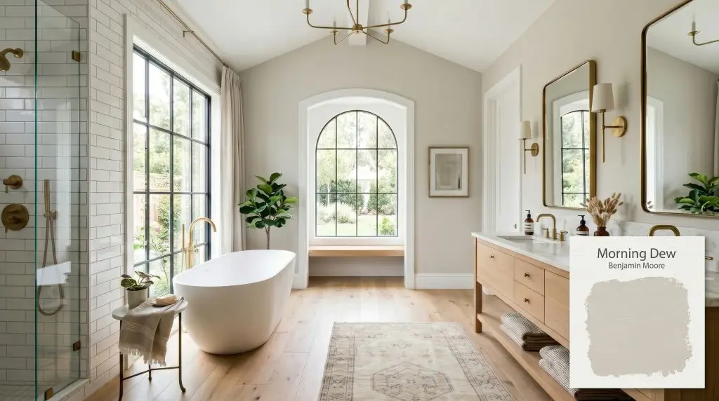 A luxurious sun-drenched primary bathroom painted in Benjamin Moore Morning Dew (Hex #DDDCCD), featuring a freestanding tub, crisp white subway tiles, and a white oak double vanity.