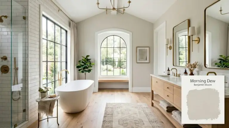 A luxurious sun-drenched primary bathroom painted in Benjamin Moore Morning Dew (Hex #DDDCCD), featuring a freestanding tub, crisp white subway tiles, and a white oak double vanity.