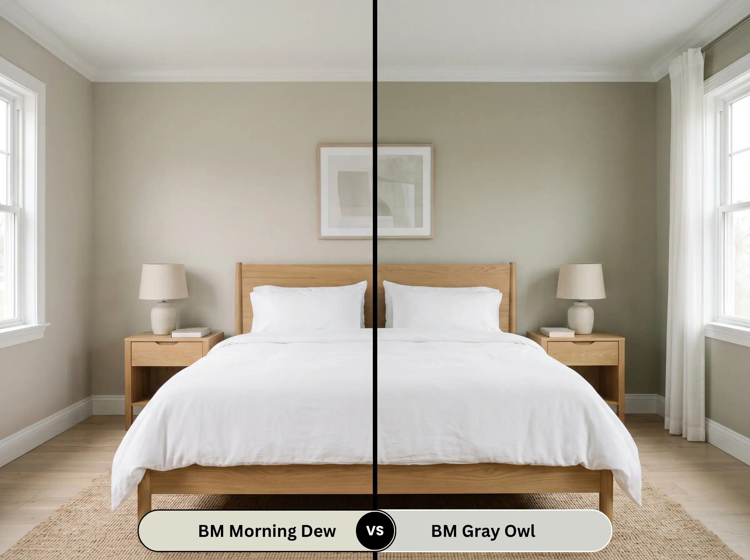A side-by-side split-screen comparison of Benjamin Moore Morning Dew on the left and Benjamin Moore Gray Owl on the right, shown in a bright bedroom with a white oak bed frame.