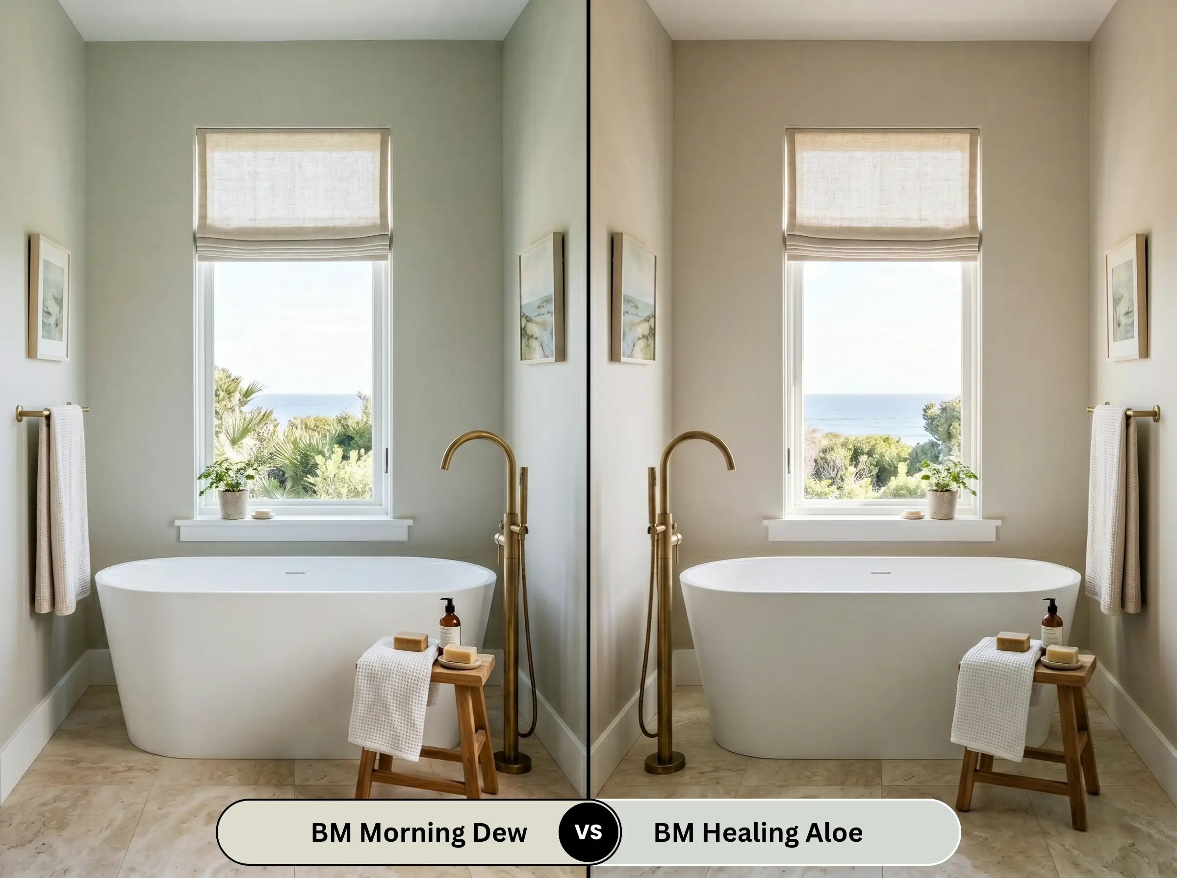 A side-by-side split-screen comparison of Benjamin Moore Morning Dew on the left and Benjamin Moore Healing Aloe on the right, shown in a serene bathroom with a freestanding tub.