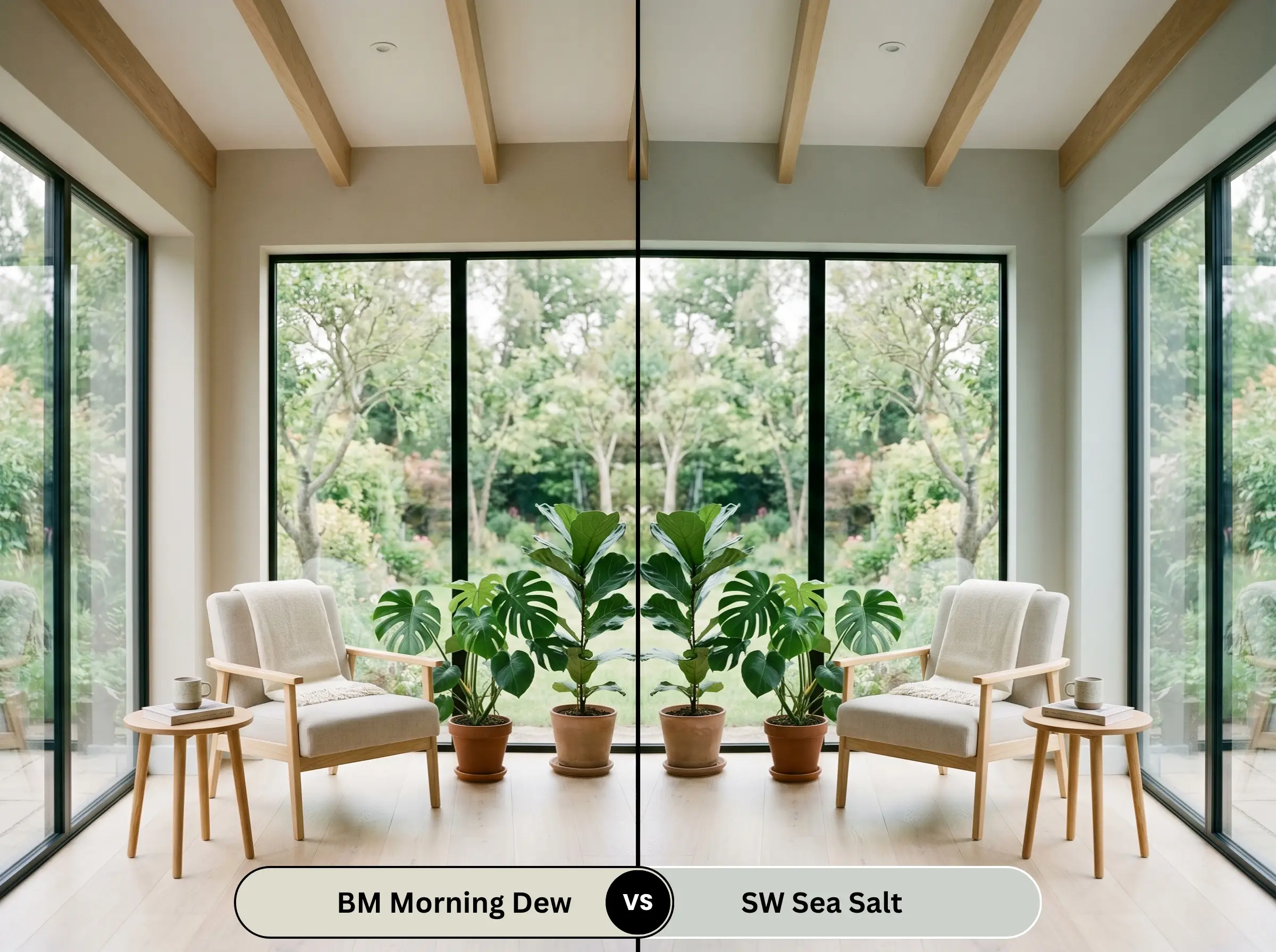 A side-by-side split-screen comparison of Benjamin Moore Morning Dew on the left and Sherwin-Williams Sea Salt on the right, shown in an organic modern sunroom with large windows.