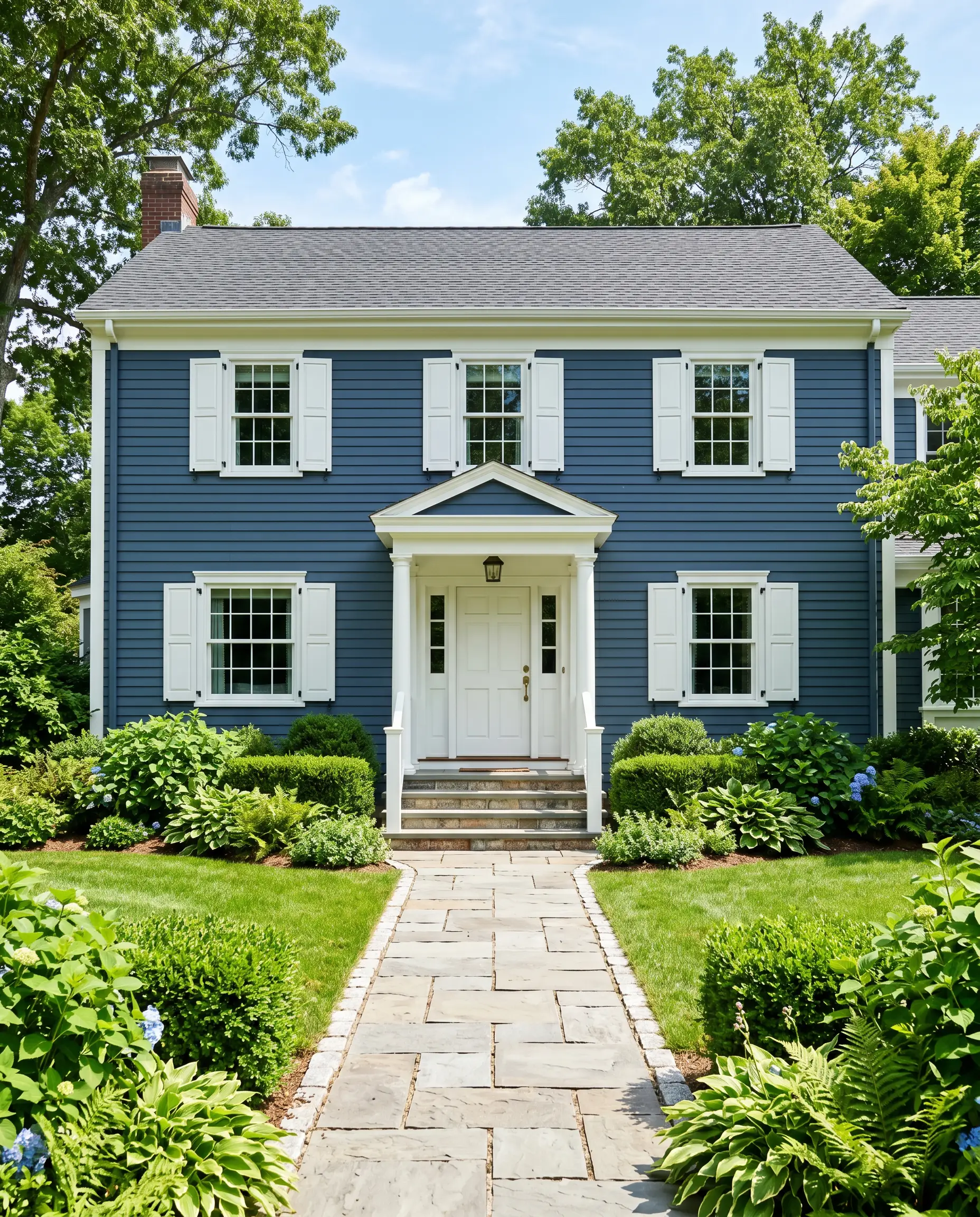 Crisp white window trim and a tumbled Belgian bluestone walkway frame a classic home exterior painted in Benjamin Moore Newburyport Blue (Hex #465566).