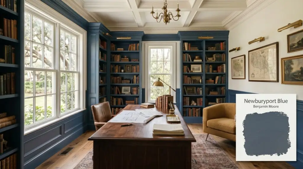 Floor-to-ceiling built-in bookcases and classic wainscoting are color-drenched in Benjamin Moore Newburyport Blue (Hex #465566), paired with a matte walnut executive desk.
