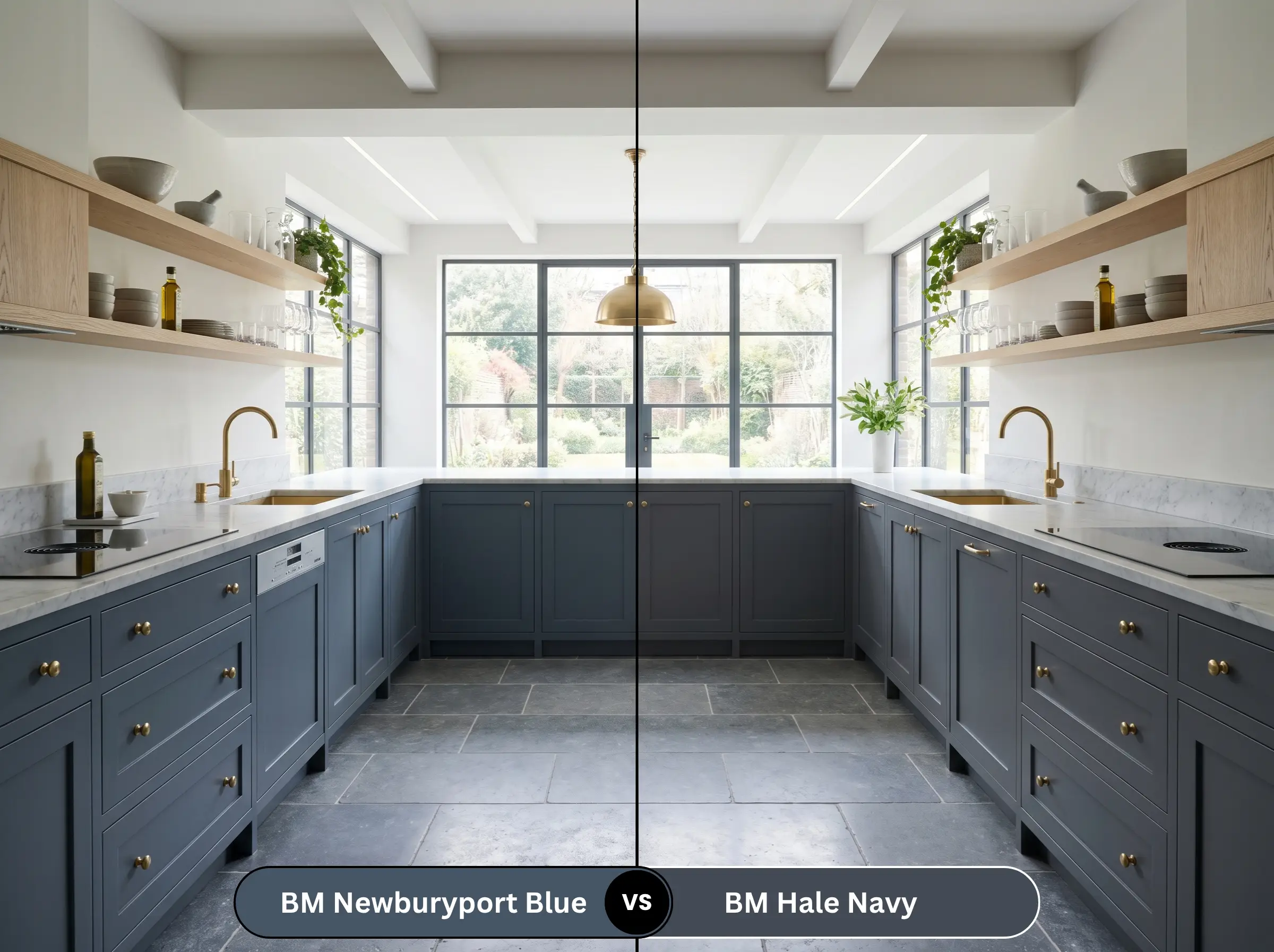 A side-by-side split-screen comparison of Benjamin Moore Newburyport Blue on the left and Benjamin Moore Hale Navy on the right, shown on high-end kitchen lower cabinets.