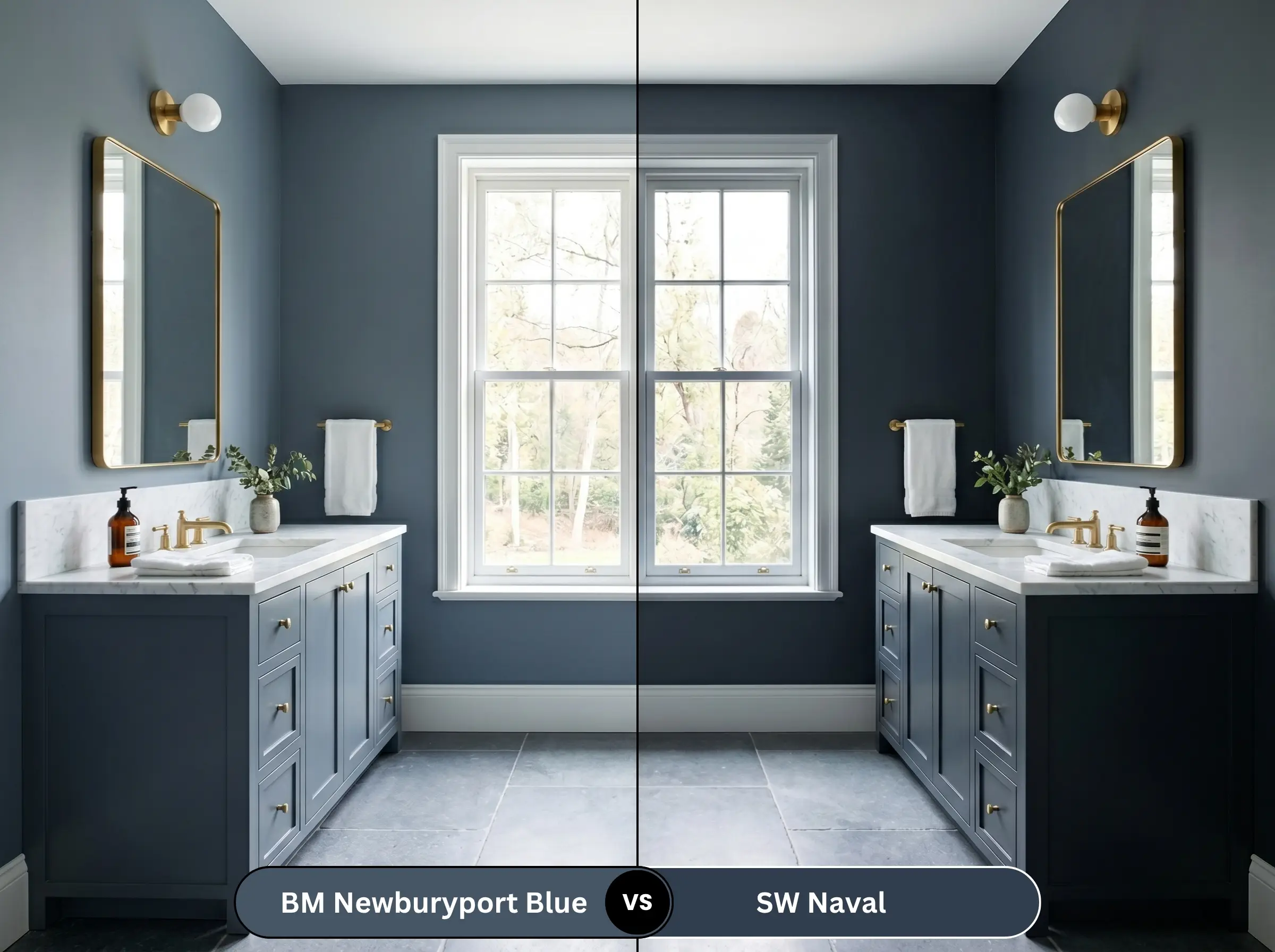 A side-by-side split-screen comparison of Benjamin Moore Newburyport Blue on the left and Sherwin-Williams Naval on the right, shown on custom bathroom vanities.