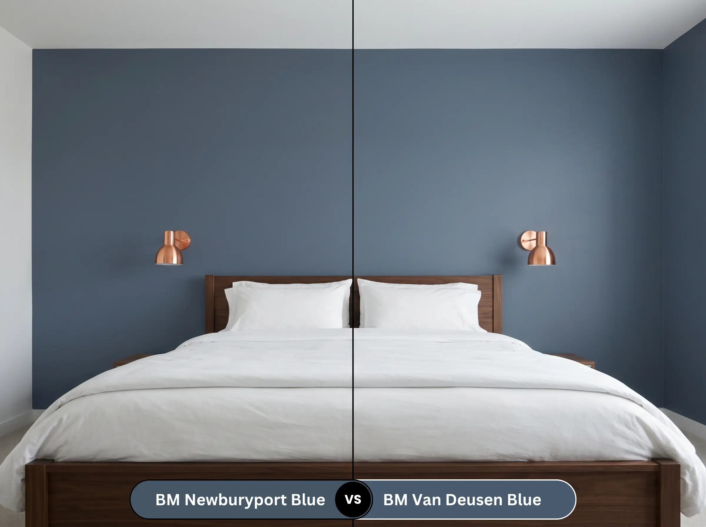 A side-by-side split-screen comparison of Benjamin Moore Newburyport Blue on the left and Benjamin Moore Van Deusen Blue on the right, shown on serene bedroom walls.