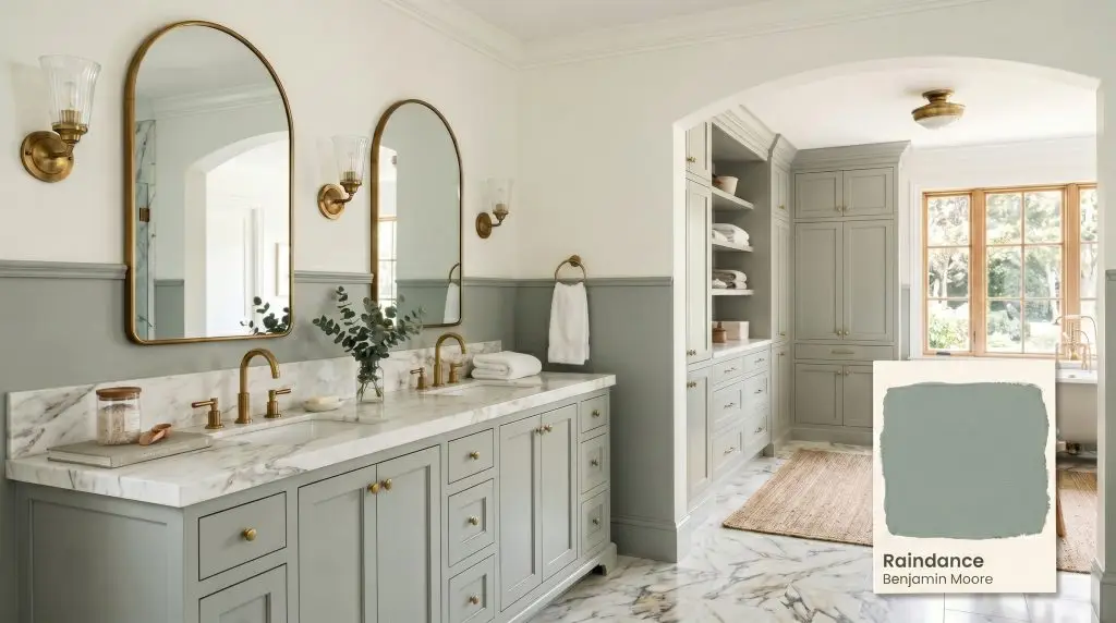 A luxurious transitional primary bathroom features a custom double vanity and walls painted in Benjamin Moore Raindance (Hex #A7B3AA) against Chantilly Lace trim.