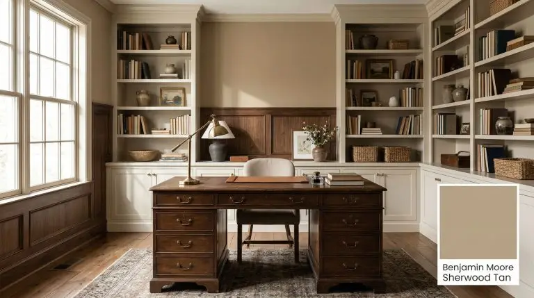 A grand transitional home library features built-in creamy cabinetry and a vintage desk against walls painted in Benjamin Moore Sherwood Tan (Hex #B8A183).