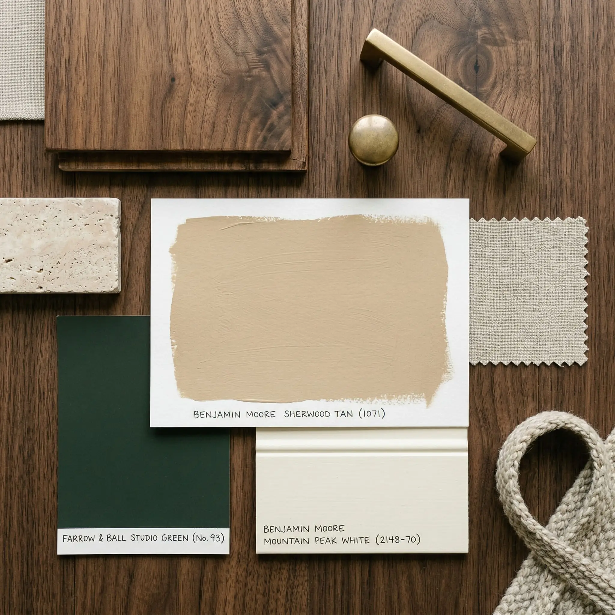 An architectural flat-lay features a Benjamin Moore Sherwood Tan (Hex #B8A183) color card alongside Mountain Peak White trim, Studio Green accents, walnut flooring, and brass hardware.
