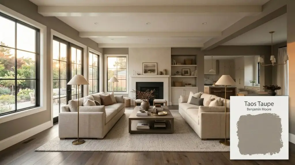 A transitional open-concept living space features walls painted in Benjamin Moore Taos Taupe (Hex #8C847A), a smoked ash wood coffee table, and heavyweight oatmeal linen sofas.