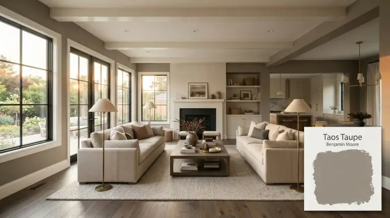 A transitional open-concept living space features walls painted in Benjamin Moore Taos Taupe (Hex #8C847A), a smoked ash wood coffee table, and heavyweight oatmeal linen sofas.