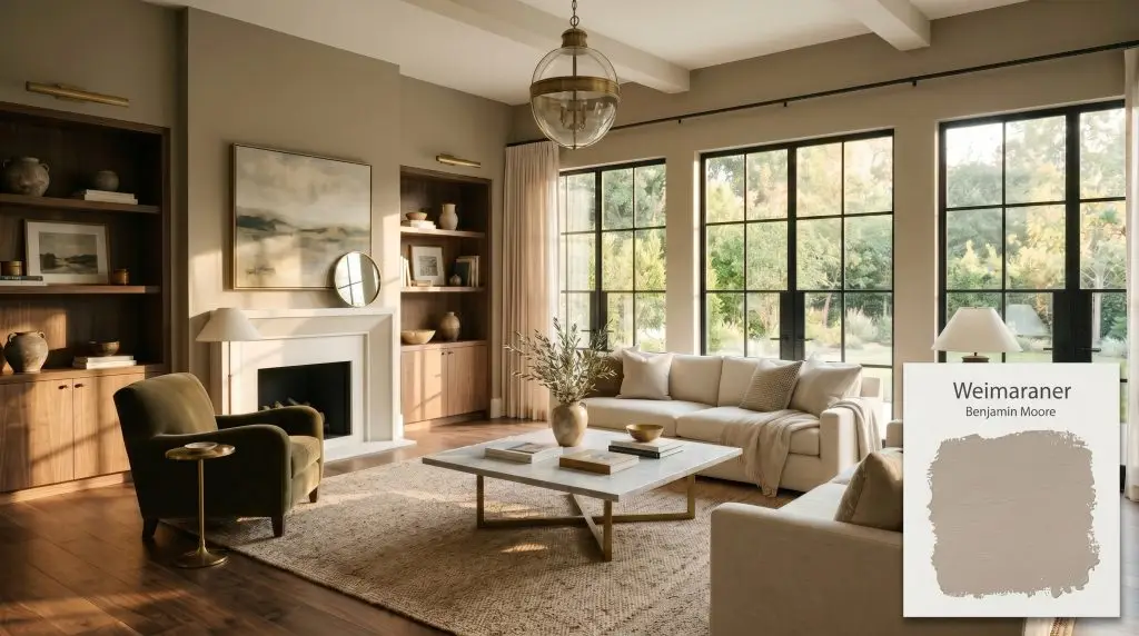 A luxurious living room painted in Benjamin Moore Weimaraner (Hex #9F9282) features smoked European walnut flooring, linen sofas, and a honed Pietra Grigio marble coffee table.