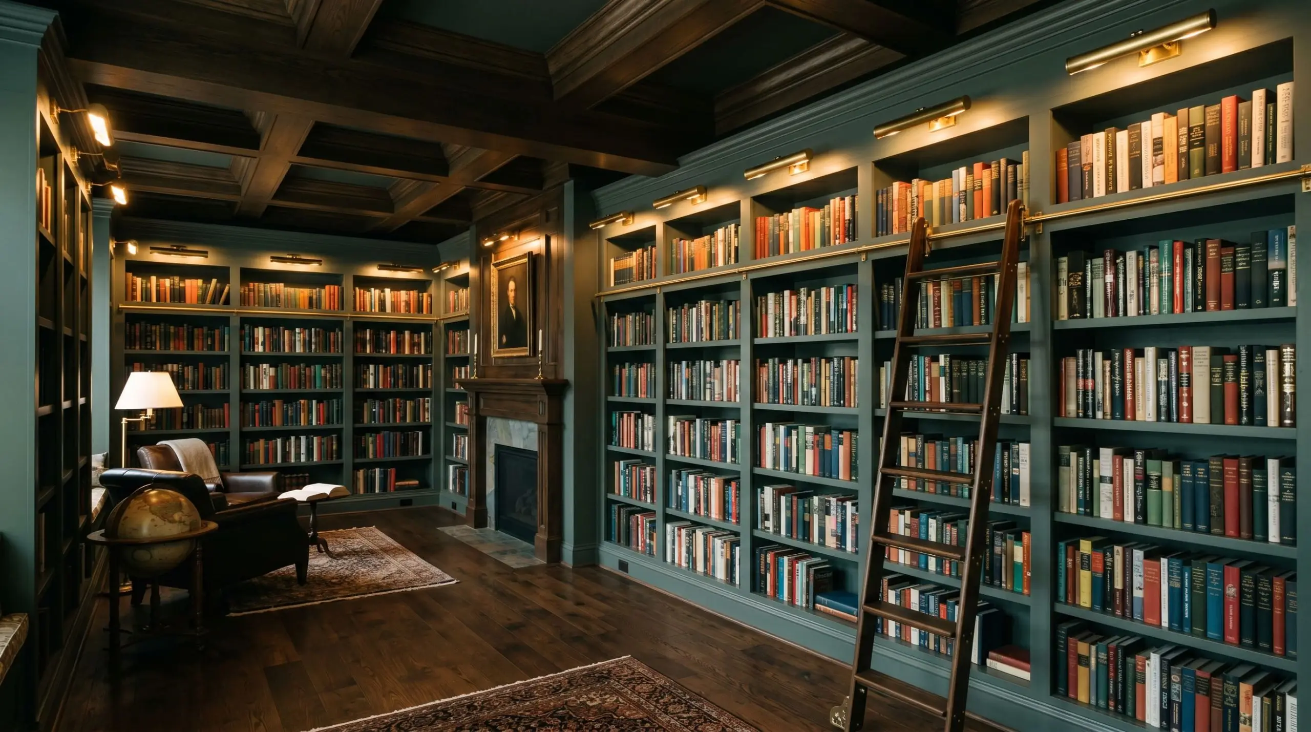 Floor-to-ceiling bookcases painted in a dark smoky jade tone display colorful book spines beneath warm brass picture lights.