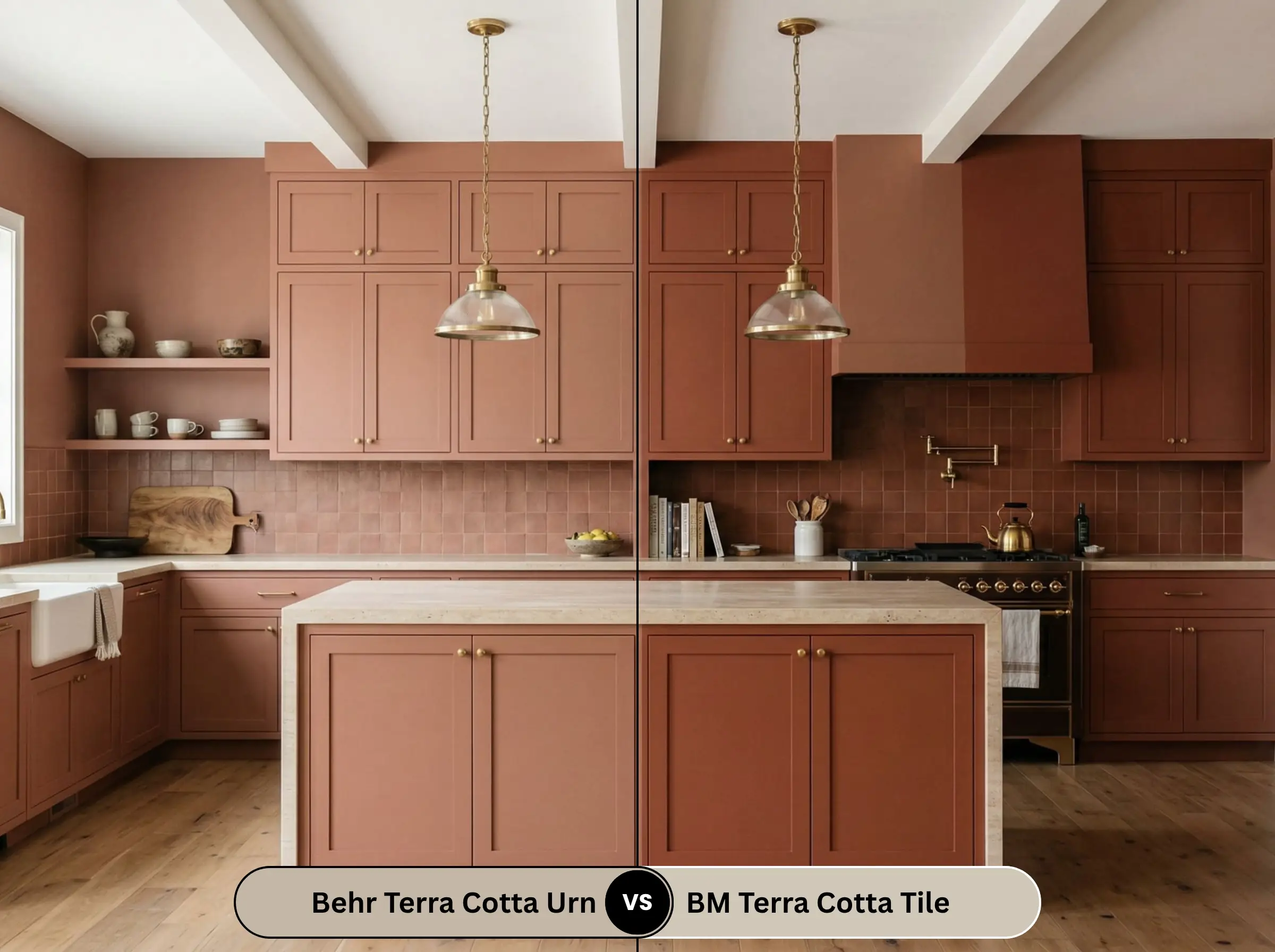 A travertine island with unlacquered brass pendants sits in a bespoke kitchen split cleanly to compare Behr PPU2-12 cabinetry against Benjamin Moore Terra Cotta Tile.