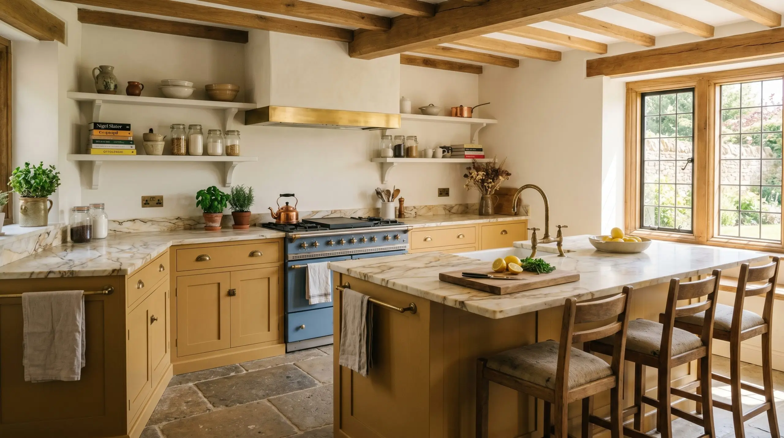 Lower cabinetry painted in Farrow & Ball India Yellow (Hex #c59c5d) grounds a bespoke kitchen outfitted with heavily veined warm stone countertops and tumbled Belgian bluestone flooring.