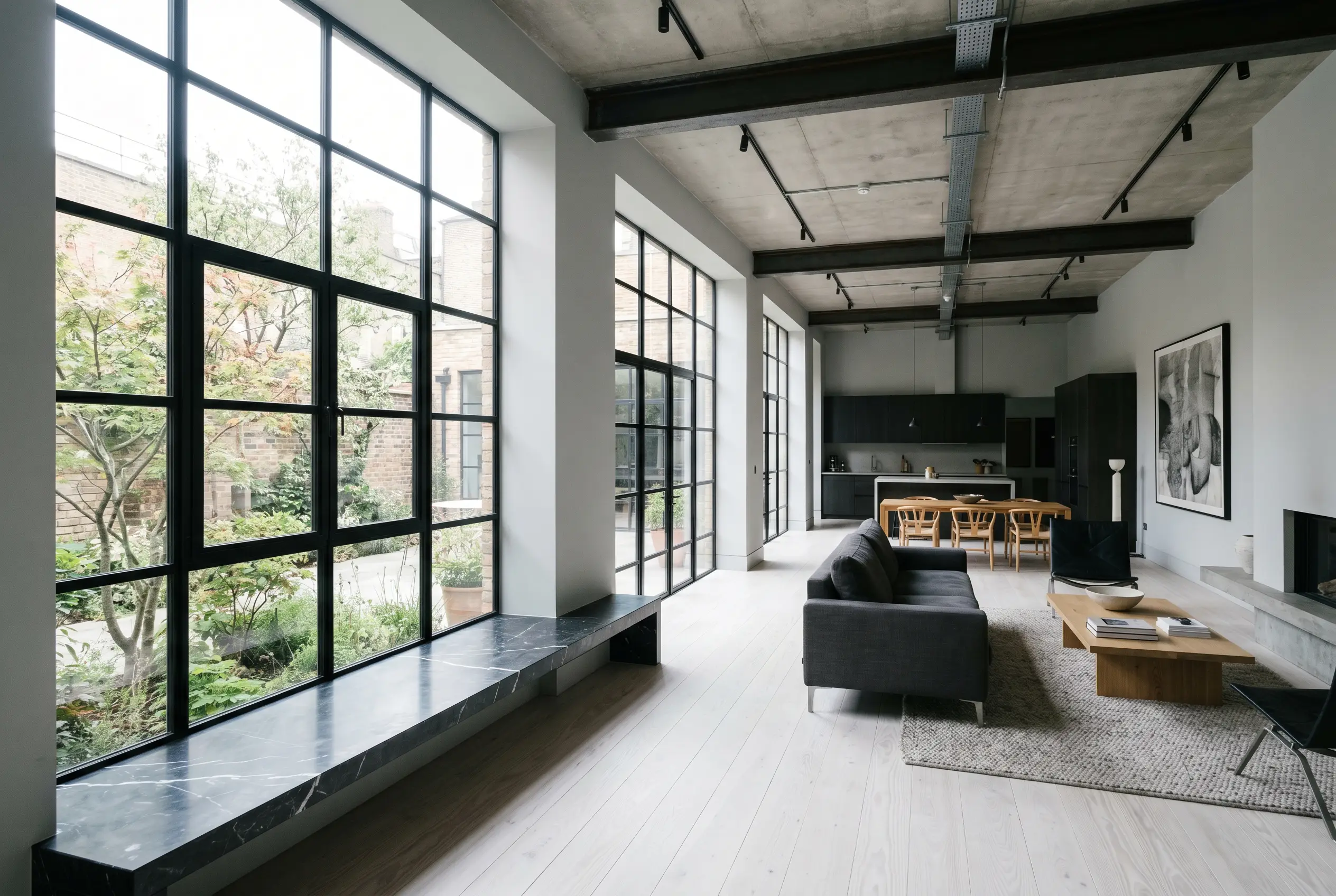 Massive black steel-framed windows and deep window returns painted in Farrow & Ball Dimpse (Hex #d4d4d2) anchor a modern industrial living space with a Honed Nero Marquina marble bench.