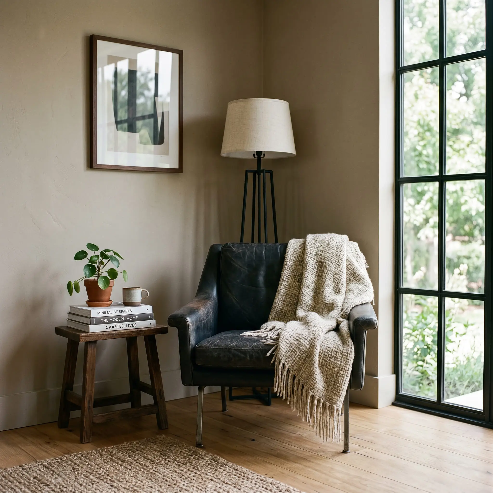 Blackened steel window frames and a dark leather accent chair provide sharp contrast against a rich mushroom greige wall.