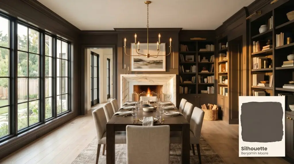 Built-in bookshelves and walls are color-drenched in Benjamin Moore Silhouette (Hex #57504C), contrasting against an unlacquered brass chandelier and wide-plank white oak flooring.