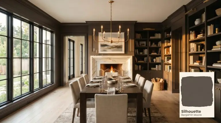 Built-in bookshelves and walls are color-drenched in Benjamin Moore Silhouette (Hex #57504C), contrasting against an unlacquered brass chandelier and wide-plank white oak flooring.