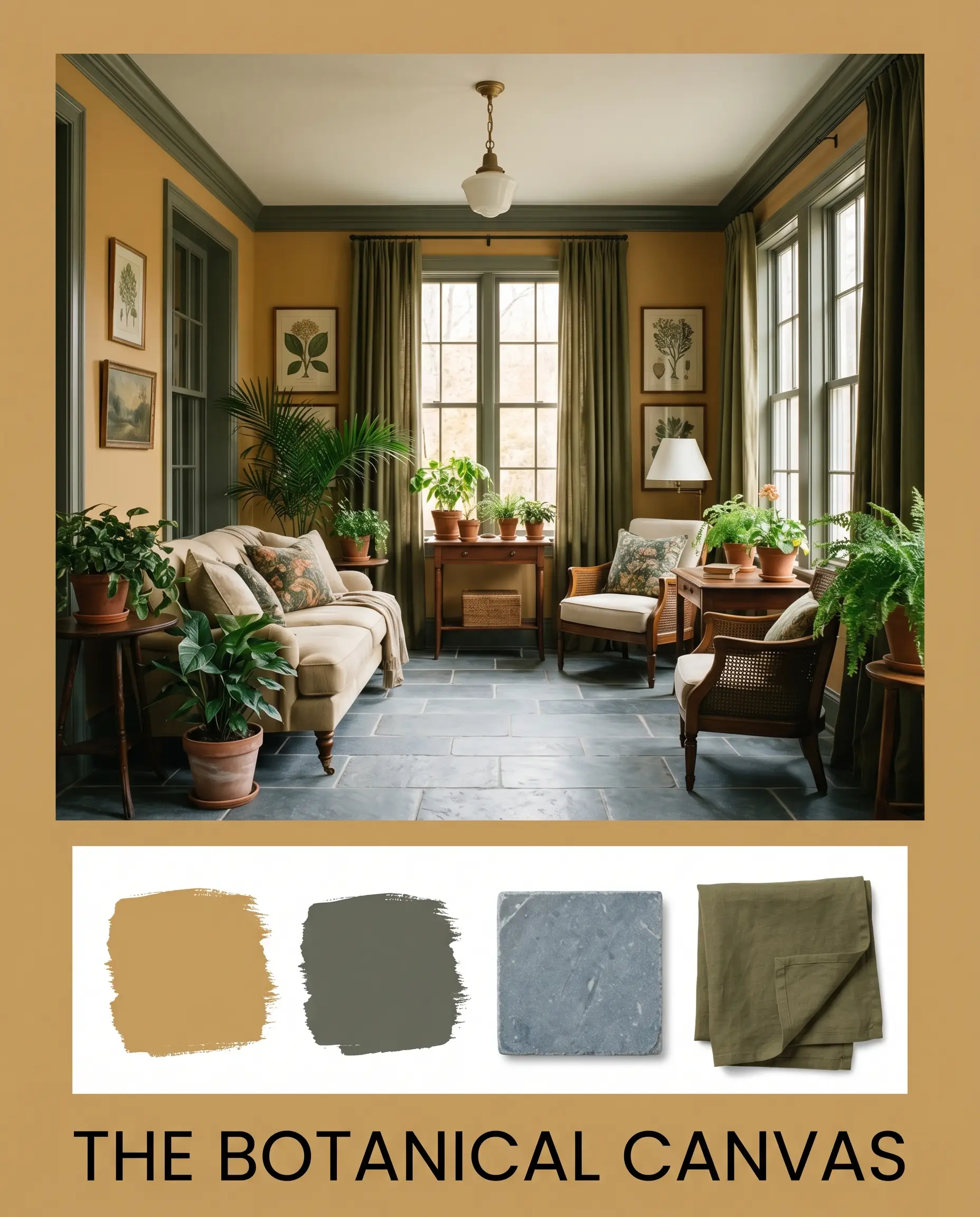 An editorial layout titled "THE BOTANICAL CANVAS" showcases a lush sunroom painted in Farrow & Ball India Yellow above a flat-lay containing tumbled bluestone and folded olive linen fabric.