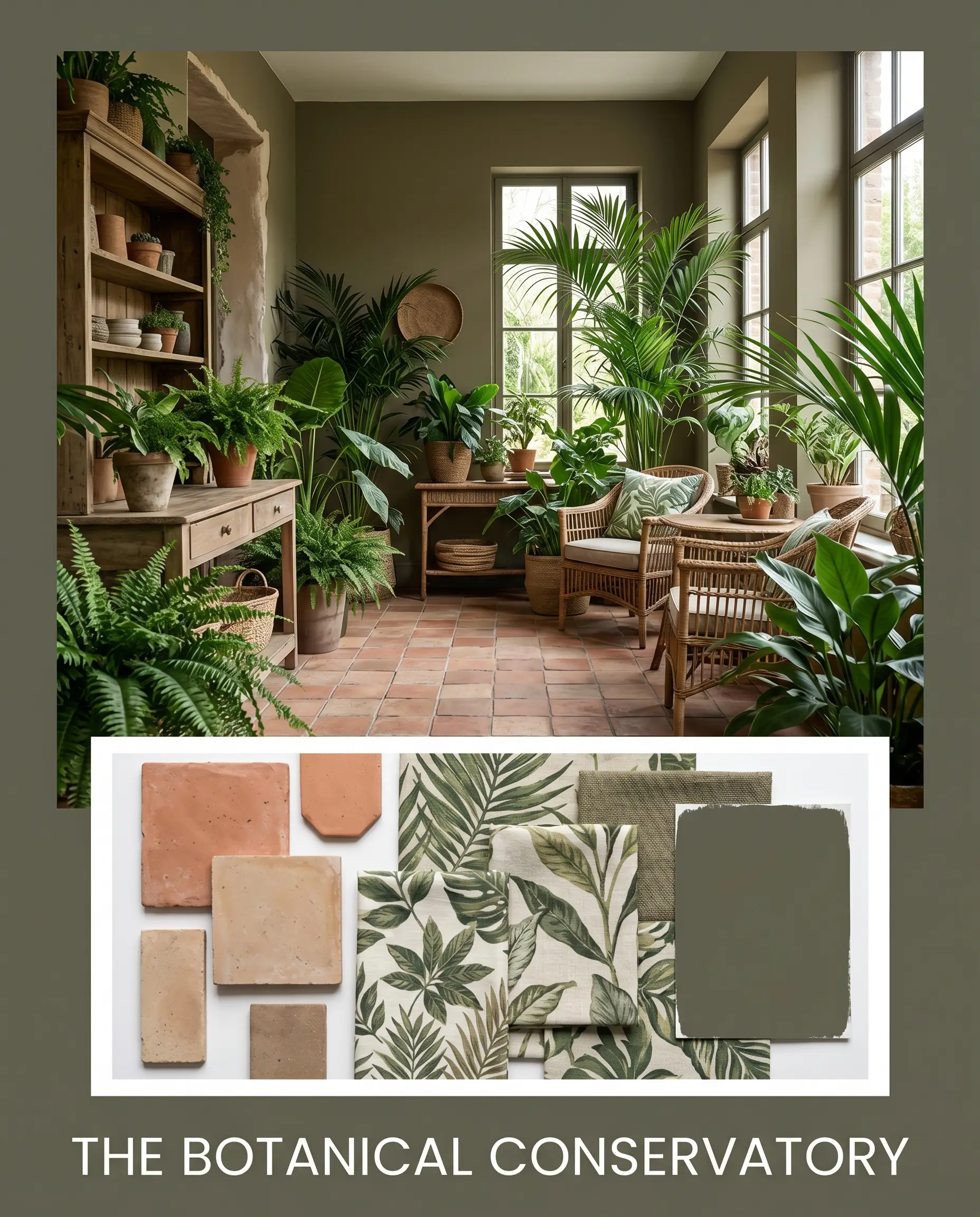 An editorial interior design mood board features a botanical conservatory room shot above a flat-lay of raw terracotta tile samples and botanical linen fabrics.