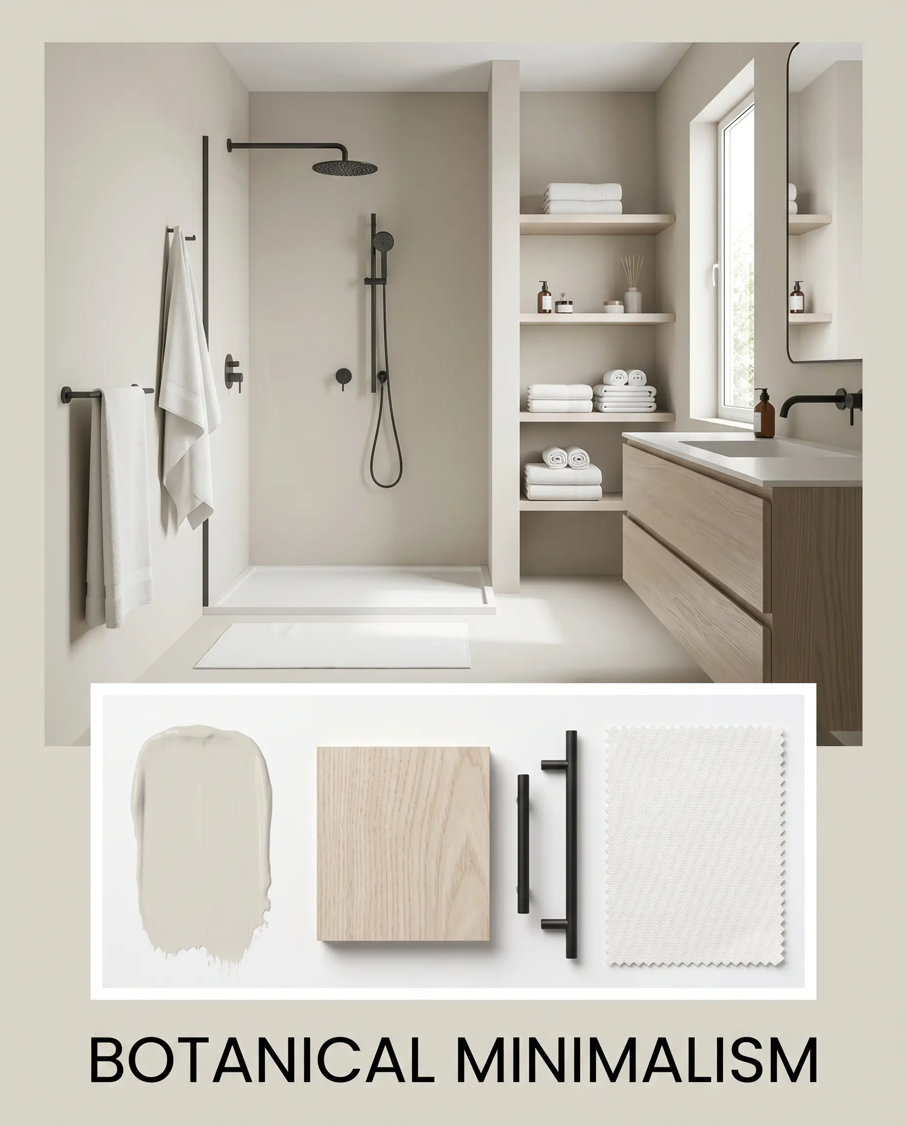 An editorial magazine layout titled BOTANICAL MINIMALISM features a minimalist bathroom room shot above an inset flat-lay of bleached ash wood, matte black hardware, and white canvas.