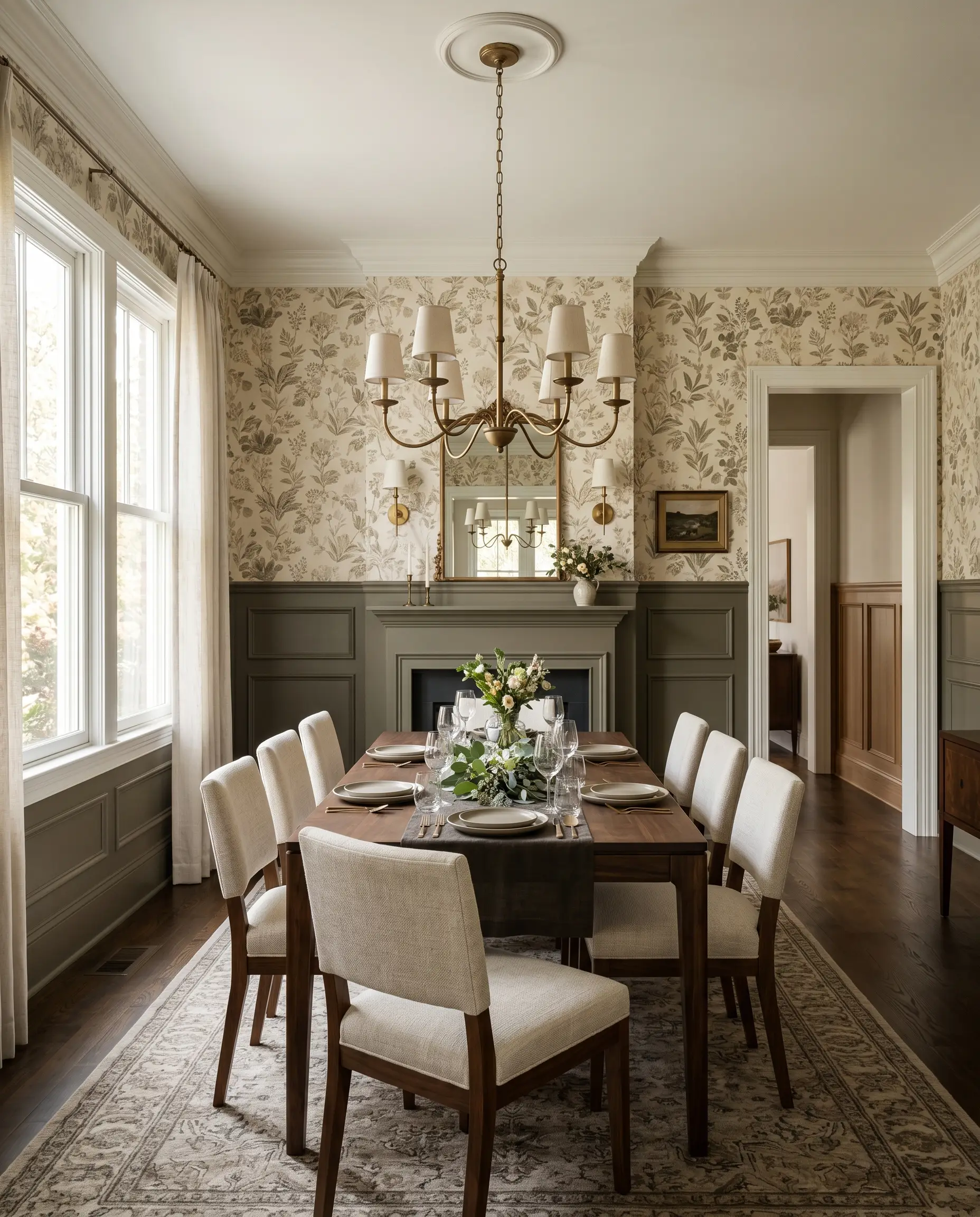 A formal dining room pairs dark historic green-gray lower wainscoting with warm botanical-print wallpaper, anchored by a dark walnut table and an unlacquered brass chandelier.