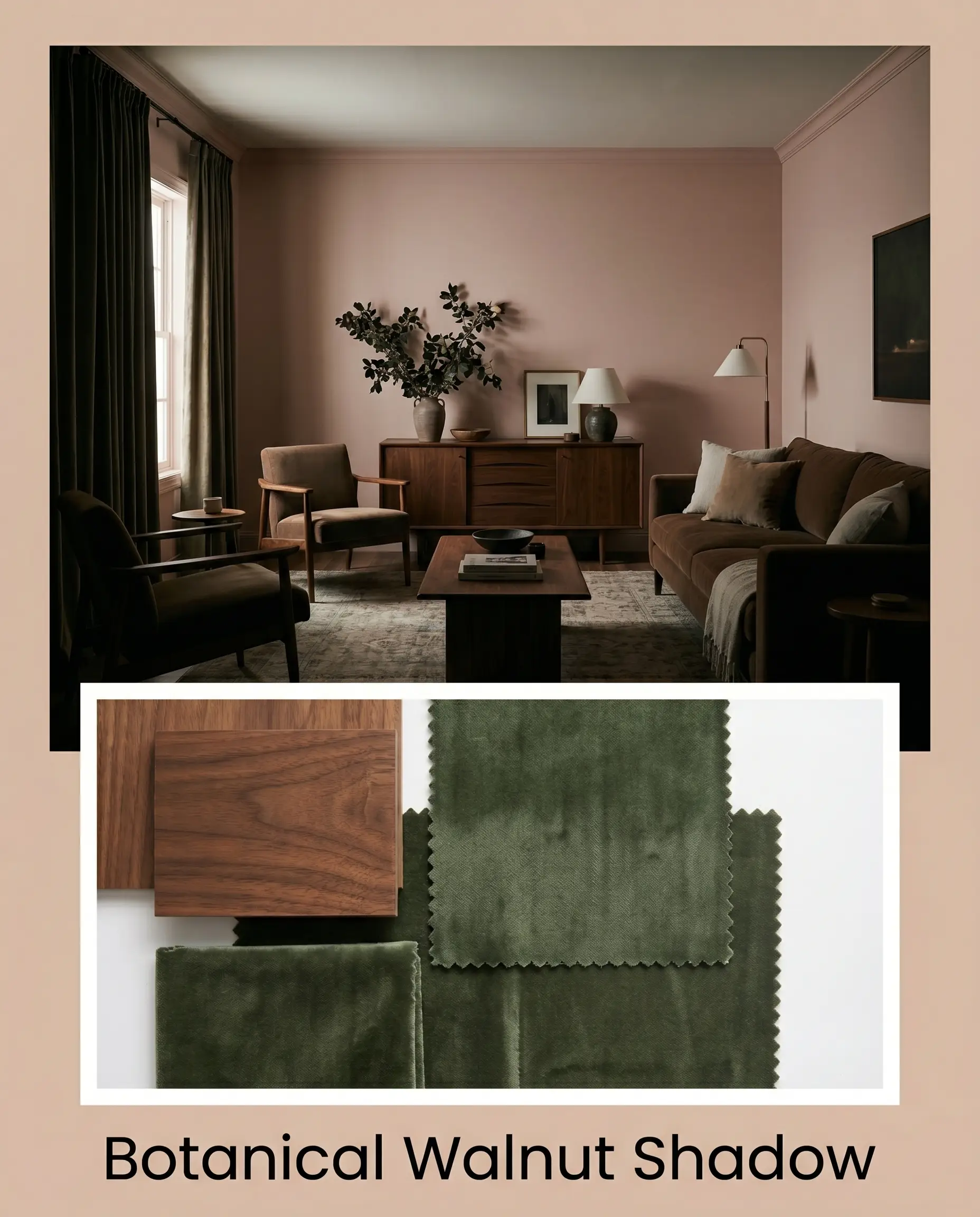 A conceptual layout displays a moody living room painted in Farrow & Ball Setting Plaster (Hex #d9c0ae) above a flat-lay containing walnut wood samples, heavy green velvet, and a muddy green paint swatch.