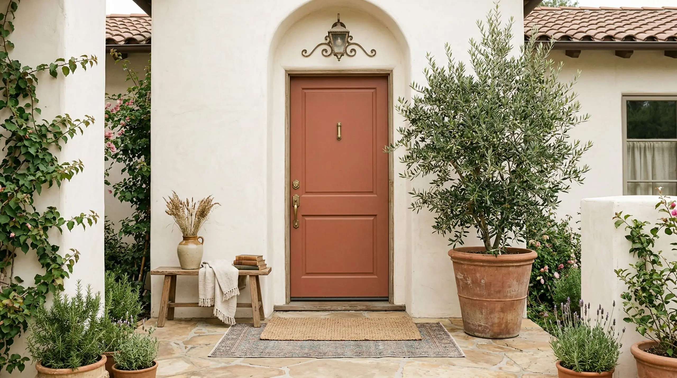 Unlacquered brass door hardware adorns a rustic orange front door set against creamy white stucco next to a potted olive tree.