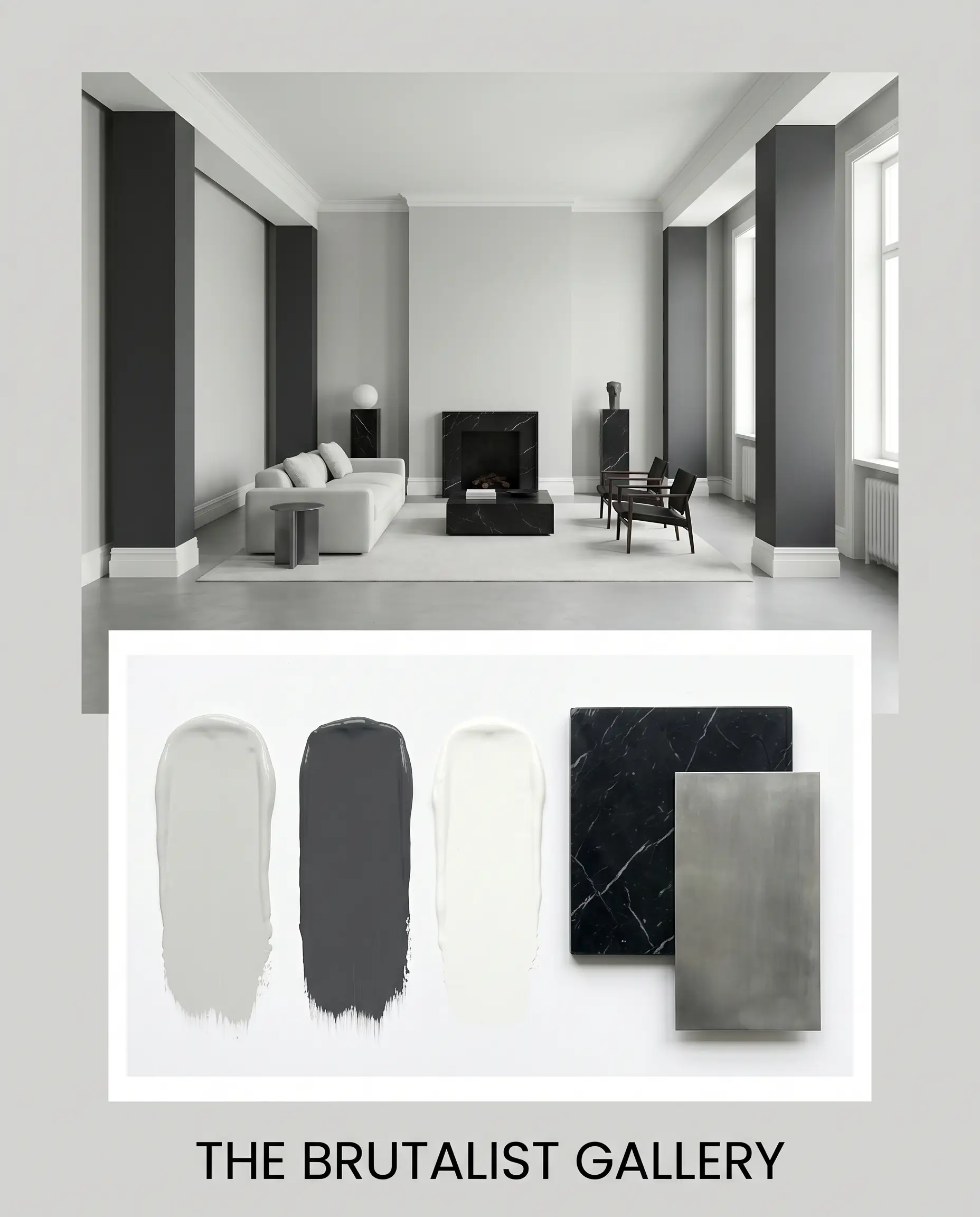 An editorial concept board titled THE BRUTALIST GALLERY displays a minimalist living room alongside a flat-lay of crisp twilight grey and dark charcoal paint applications, Honed Nero Marquina marble, and cold-rolled steel.