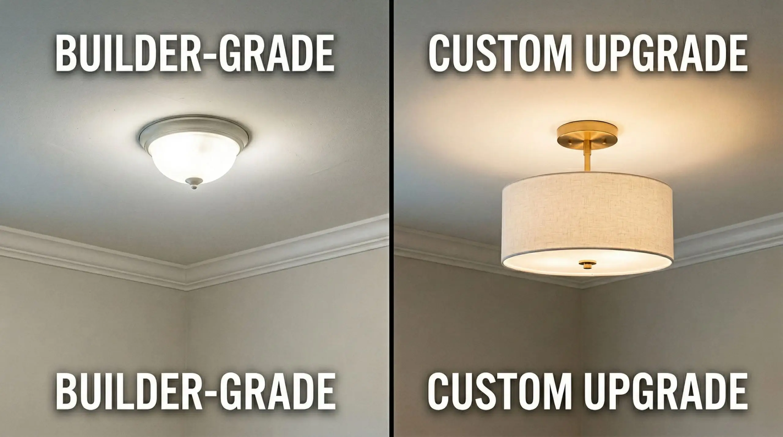 Split-screen contrasting a basic frosted glass dome light against a semi-flush linen drum shade emitting warm 2700K light.
