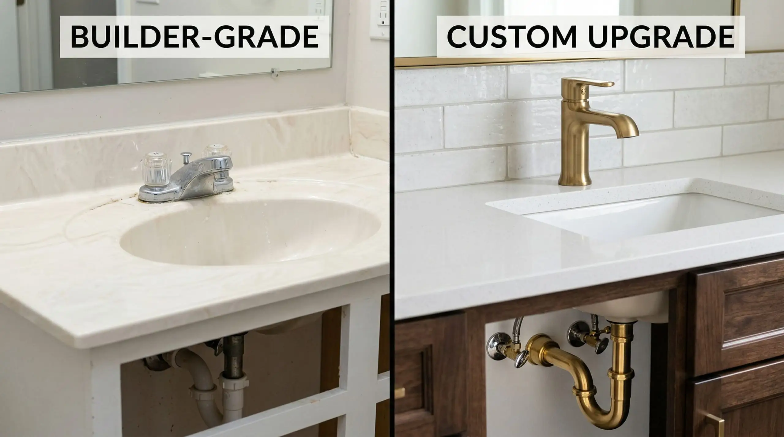 Split-screen contrasting a cheap chrome plastic centerset faucet with a heavy brass single-hole widespread faucet on quartz.