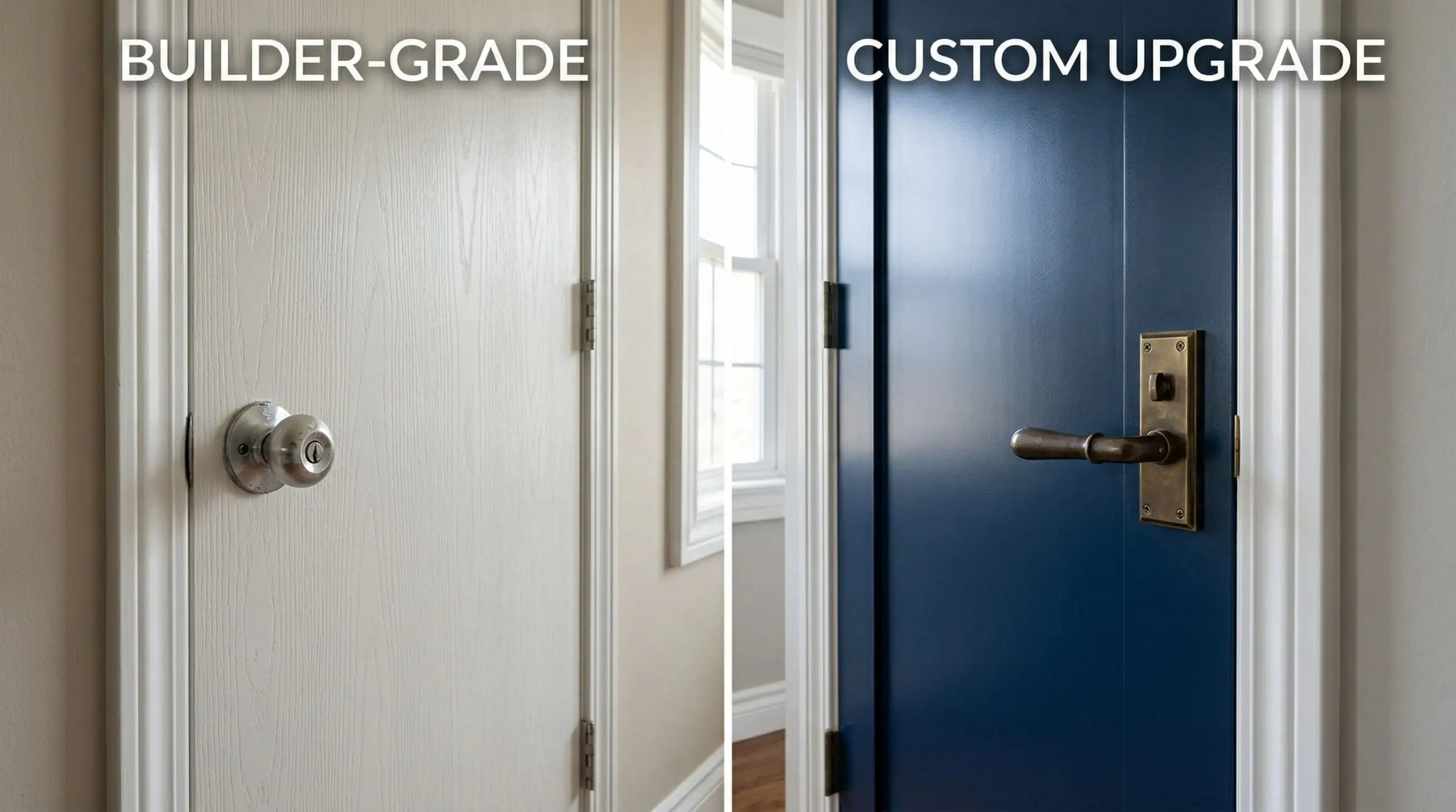 Split-screen comparing a cheap zinc doorknob on a hollow door with a heavy unlacquered brass lever and escutcheon plate.