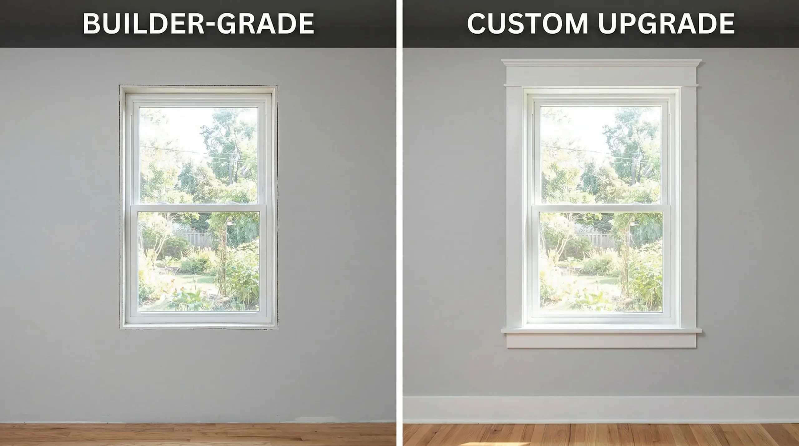 Split-screen comparing a basic drywall-returned window jamb to a craftsman-cased window with a heavy header and side casings.