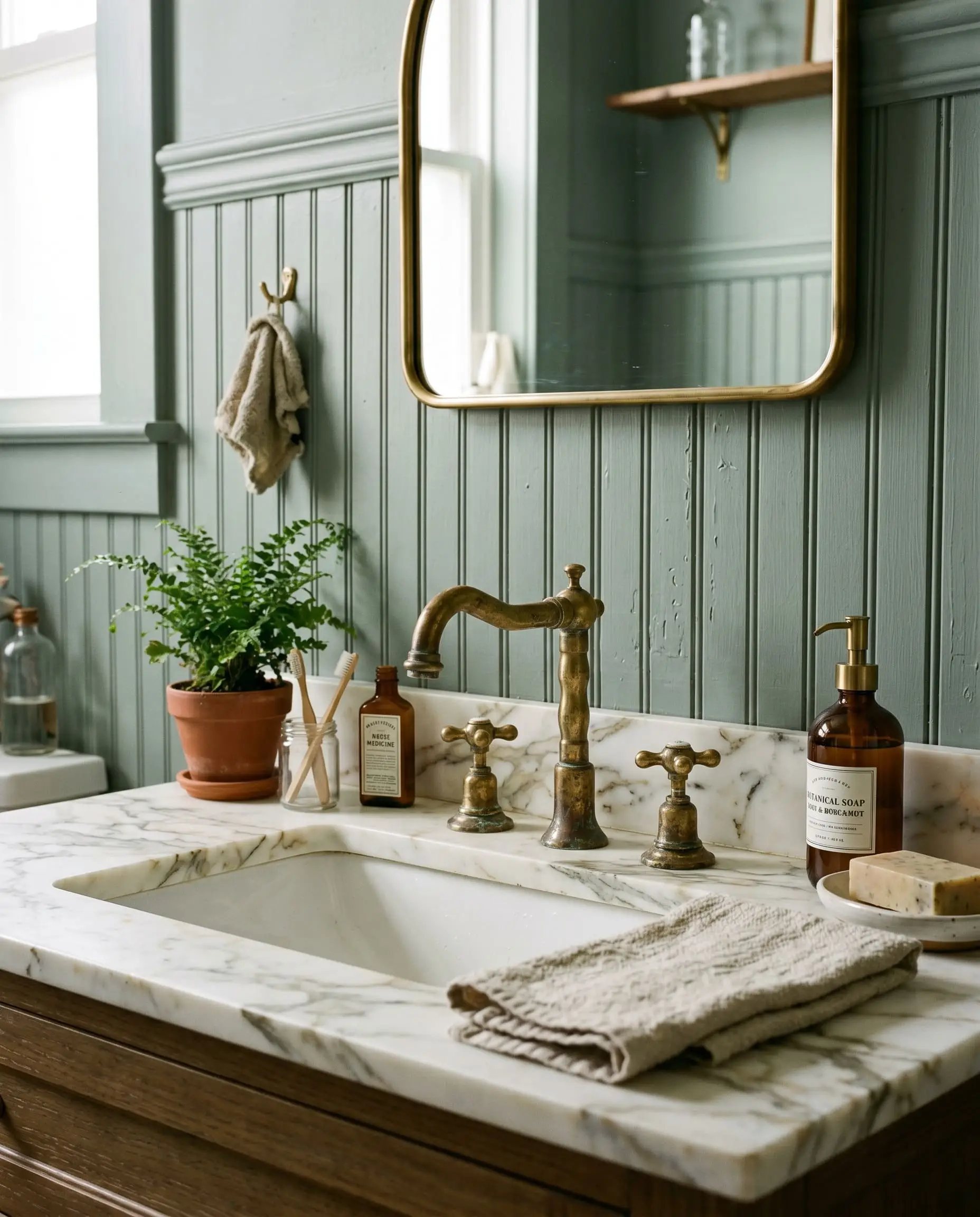 An unlacquered brass faucet with natural patina sits on an organically veined Calacatta marble sink against historic dark green beadboard.
