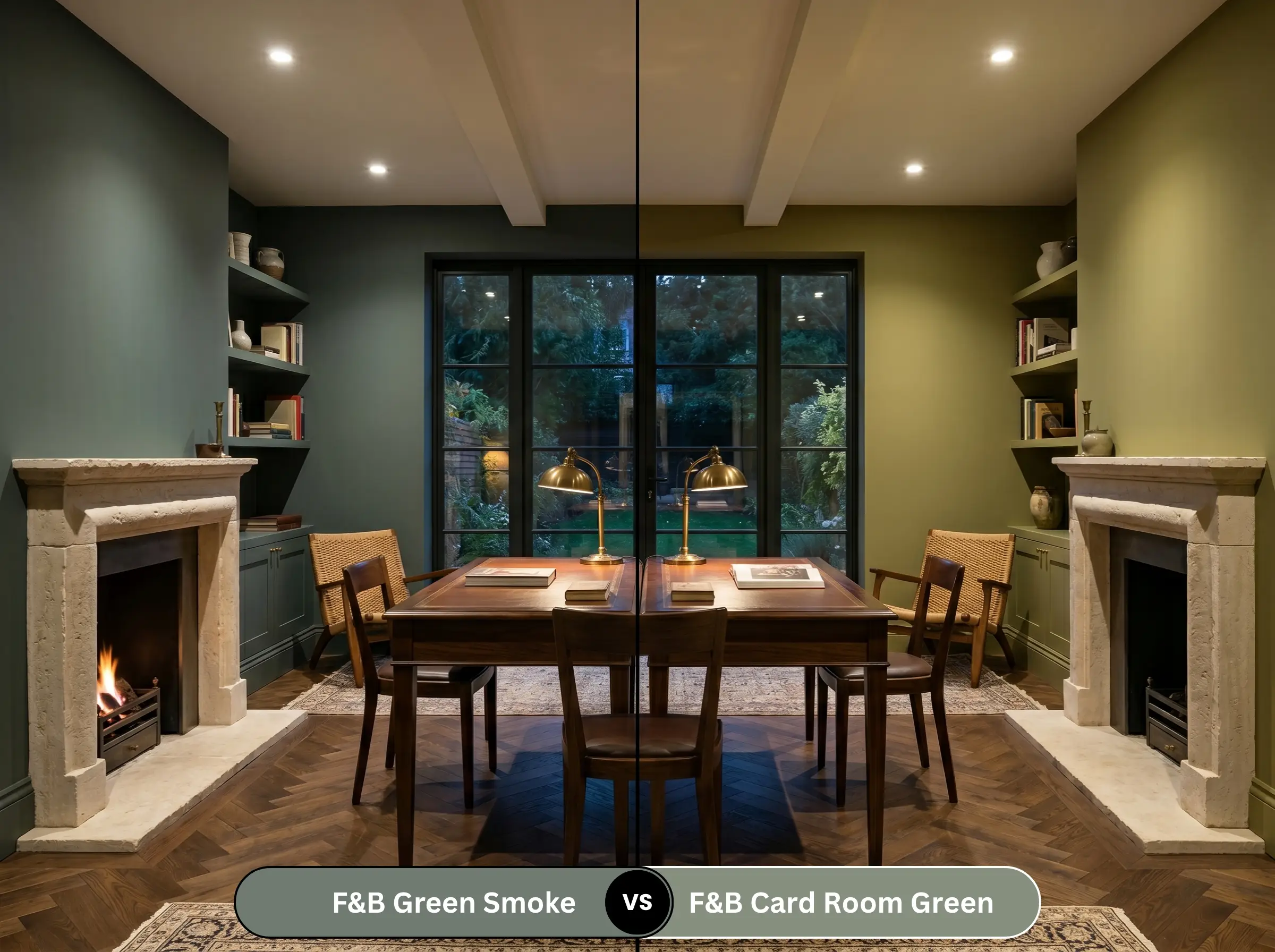 A bisected study compares the moody slate walls of Farrow & Ball Green Smoke with the warmer, yellow-olive Victorian hue of Card Room Green.