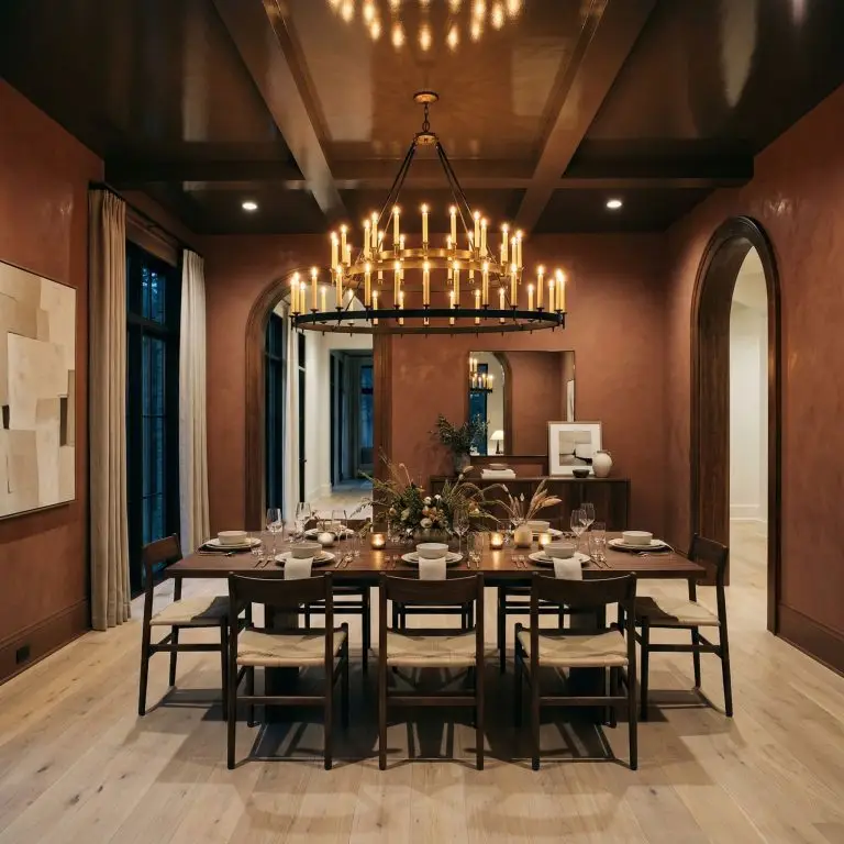 A dramatic dining room is wrapped entirely in rich terracotta walls and a highly reflective painted ceiling, illuminated by a massive chandelier casting a cinematic glow over a dark walnut table.