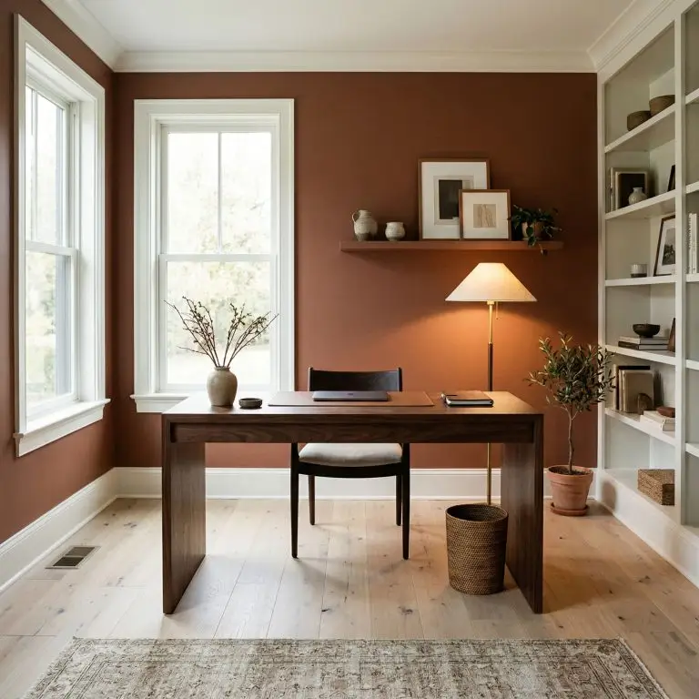 A grounded home office features warm terracotta walls, crisp white trim, a dark walnut desk, and pale white oak flooring illuminated by 3000K artificial light.