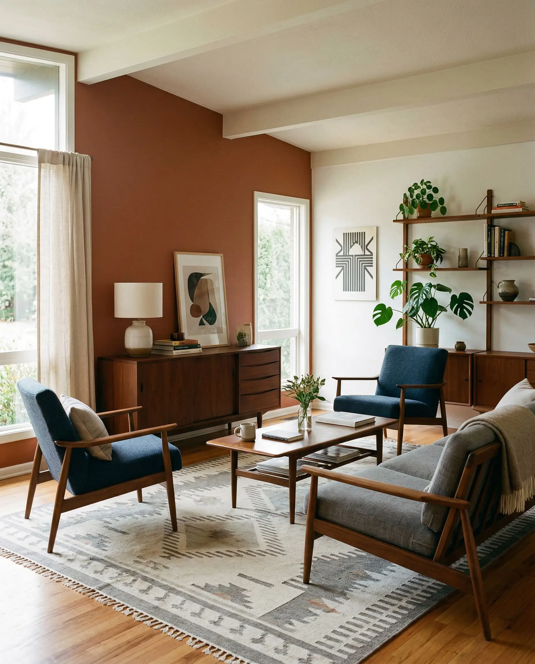 A mid-century modern lounge features deep walnut furniture, striking navy accent chairs, a geometric rug, and a vibrant earthy rust accent wall bathed in warm natural light.