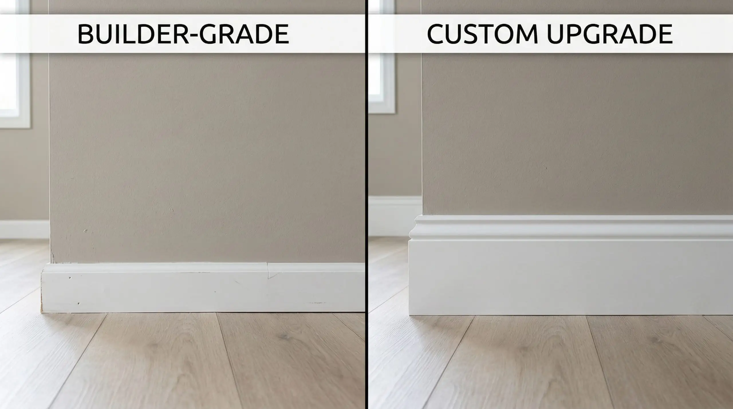 Split-screen comparing a small 2.25-inch clamshell baseboard to a thick 7.25-inch profile built from 1x6 MDF and base cap.