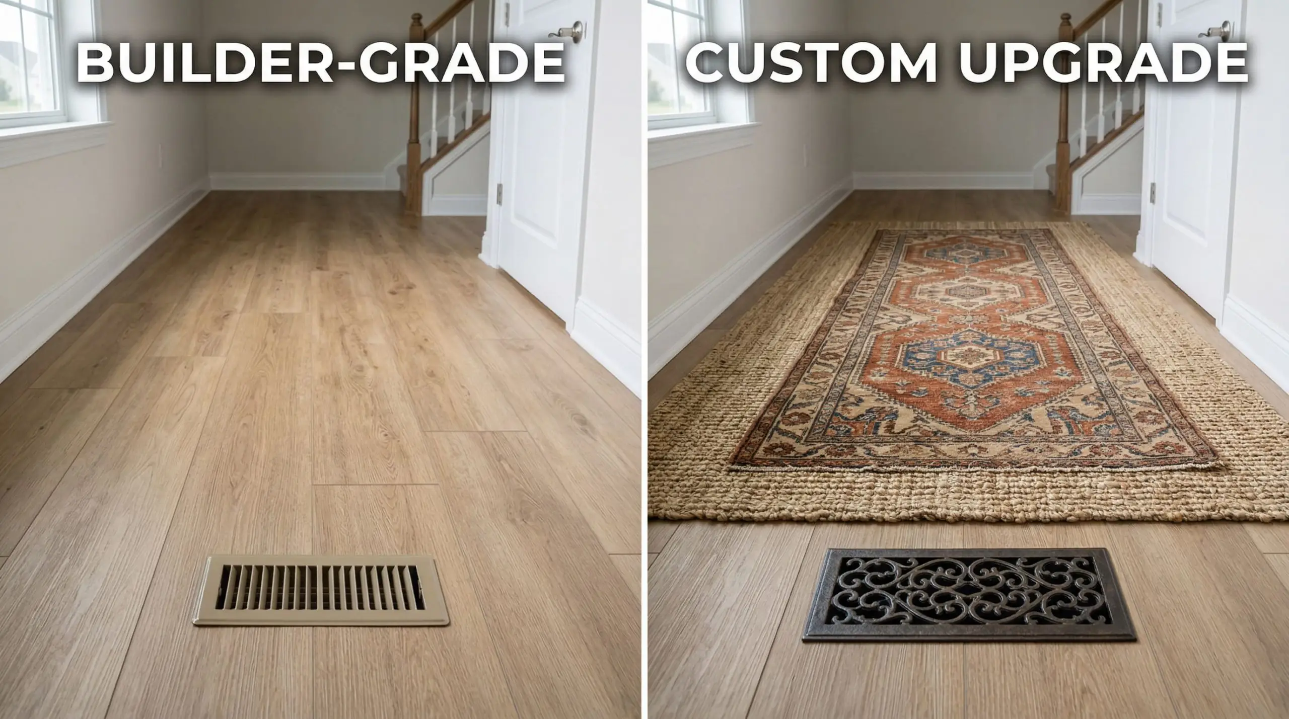 Split-screen contrasting basic LVP flooring and a metal register with layered jute and Turkish rugs alongside a cast-iron floor grille.