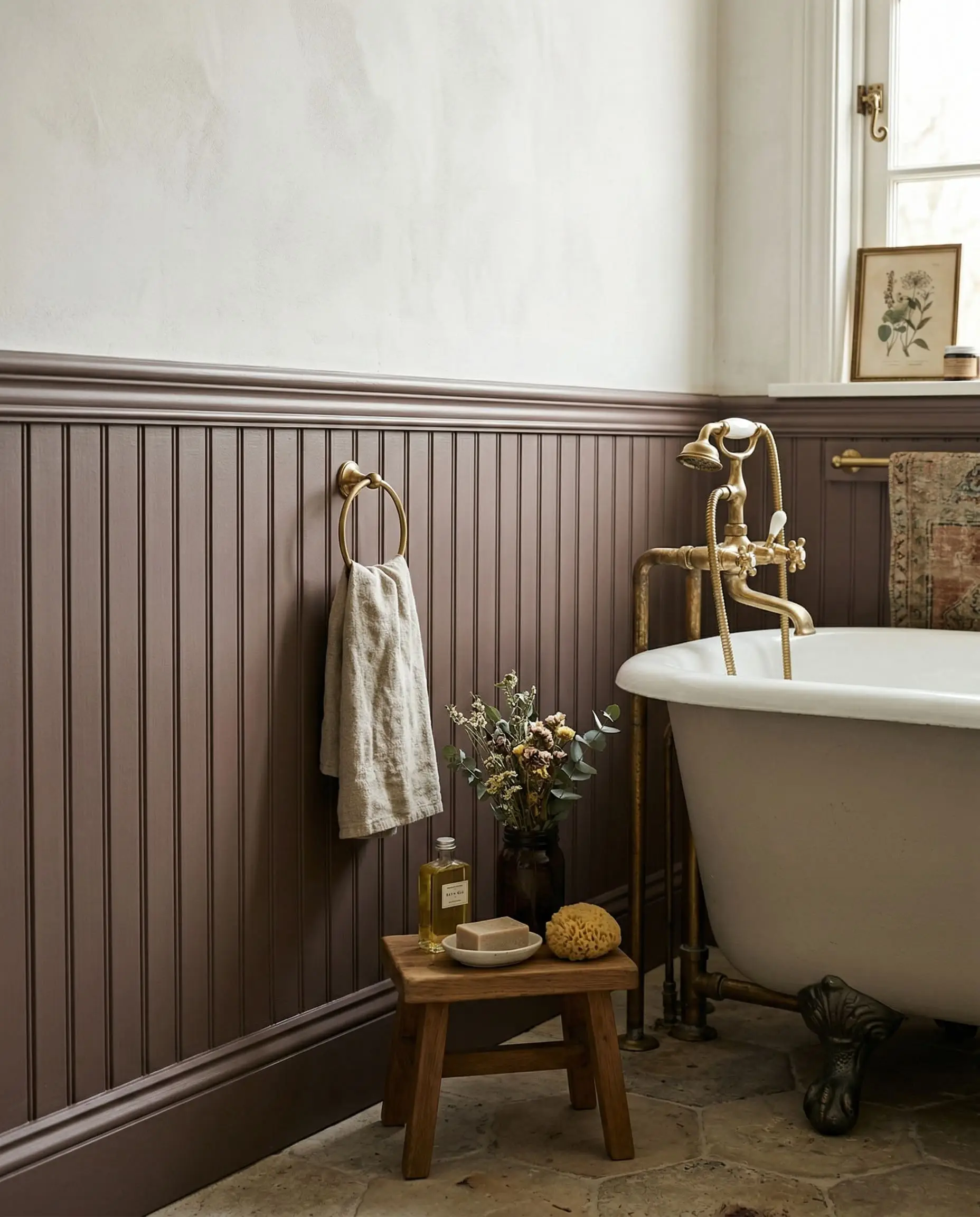 Soft warm natural light illuminates the edge of a classic clawfoot tub, unlacquered brass bath fixtures, and deeply grooved earthy mauve beadboard wainscoting.