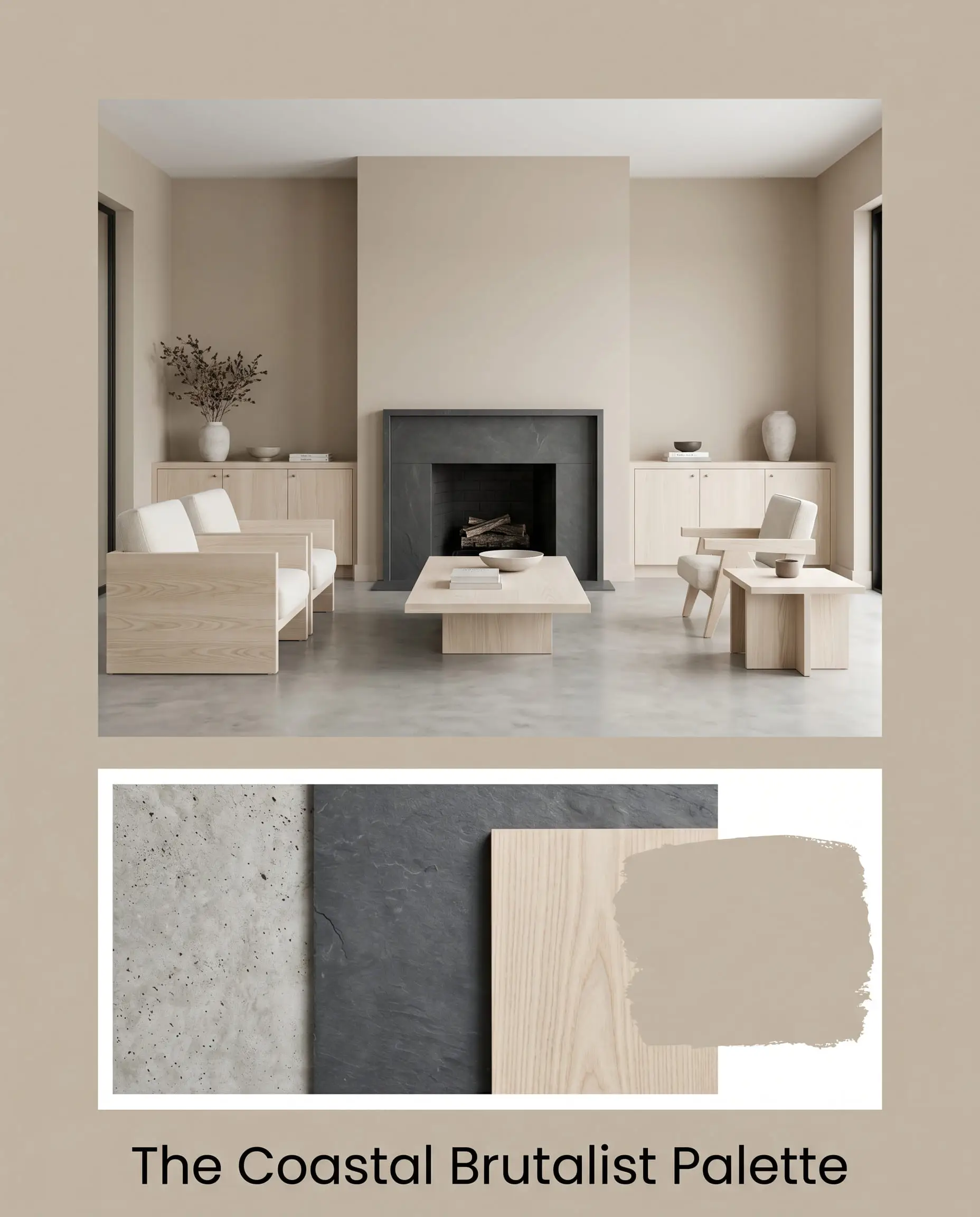 An editorial mood board titled The Coastal Brutalist Palette showcases flat-finish walls alongside poured concrete floors, a honed slate fireplace surround, and pale bleached ash wood furniture.