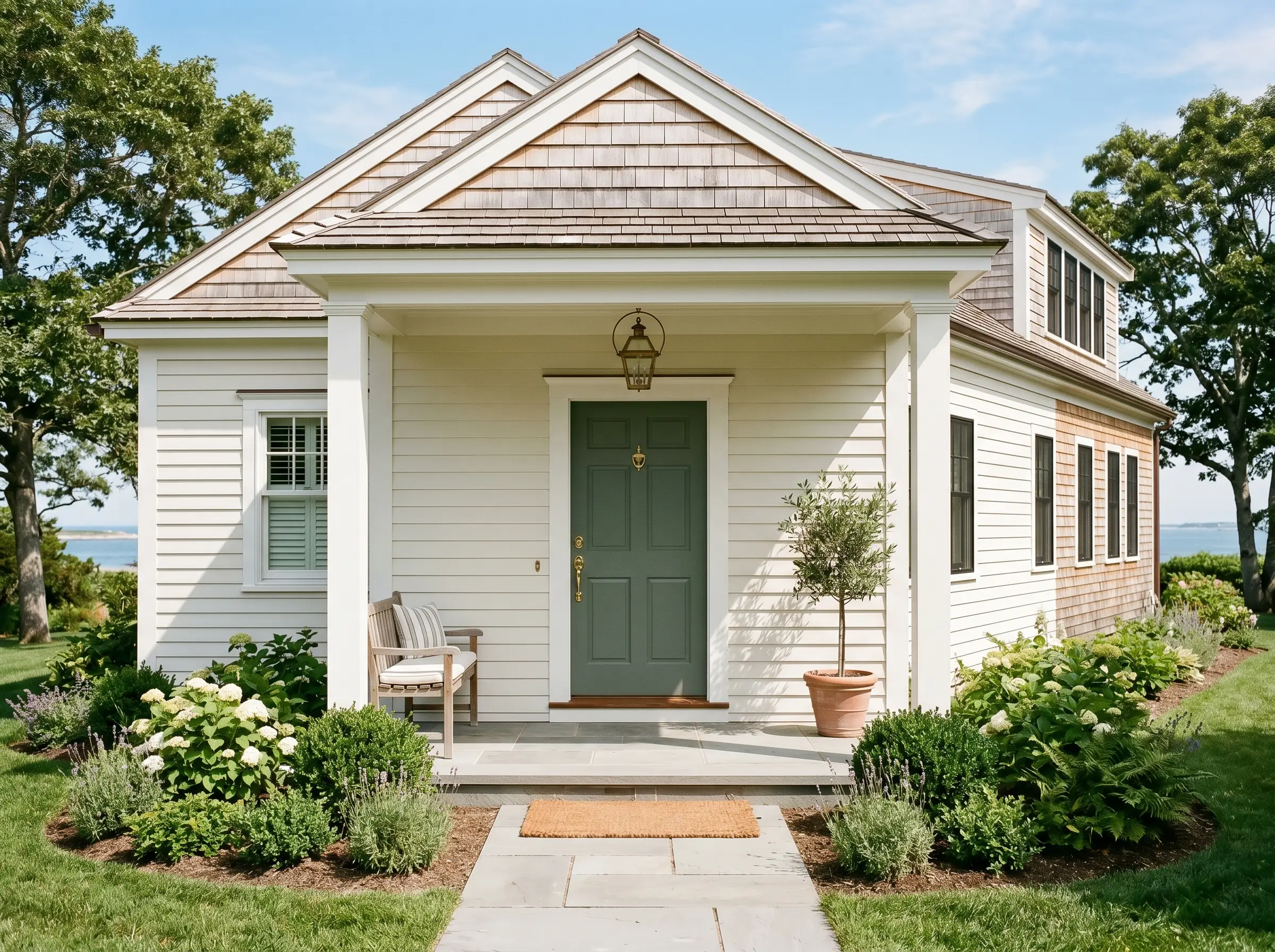 A classic front door painted in Farrow & Ball Green Smoke (Hex #6f7b71) contrasts against crisp warm white exterior siding and natural cedar shingles.
