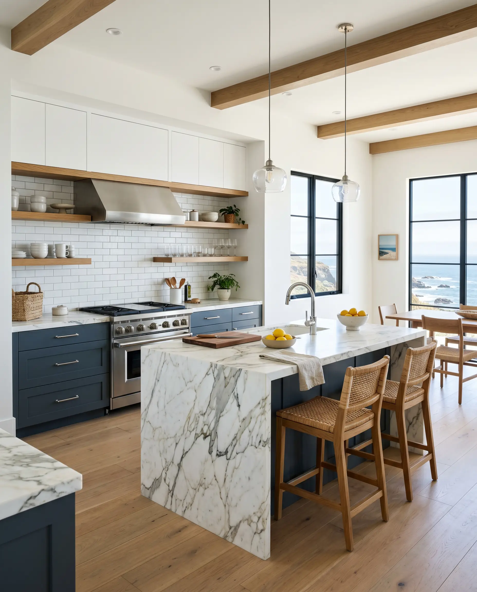 A modern coastal kitchen pairs Sherwin-Williams Sea Mariner (Hex #434A54) lower cabinets with heavily veined Calacatta marble countertops, warm wood floating shelves, and polished chrome hardware.