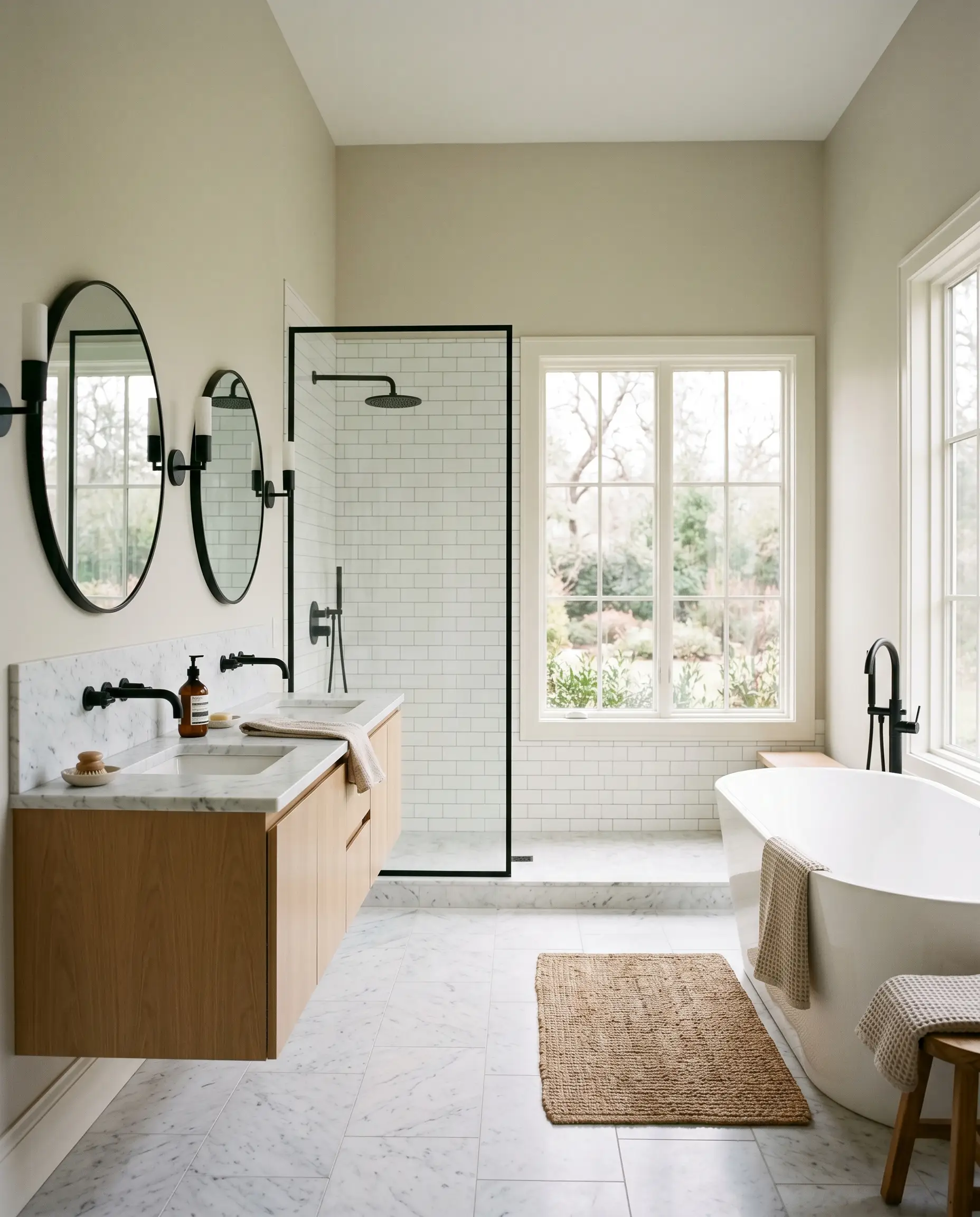 Crisp white subway tiles and honed Carrara marble floors anchor a serene bathroom space featuring matte black fixtures and subtle green-gray neutral walls.