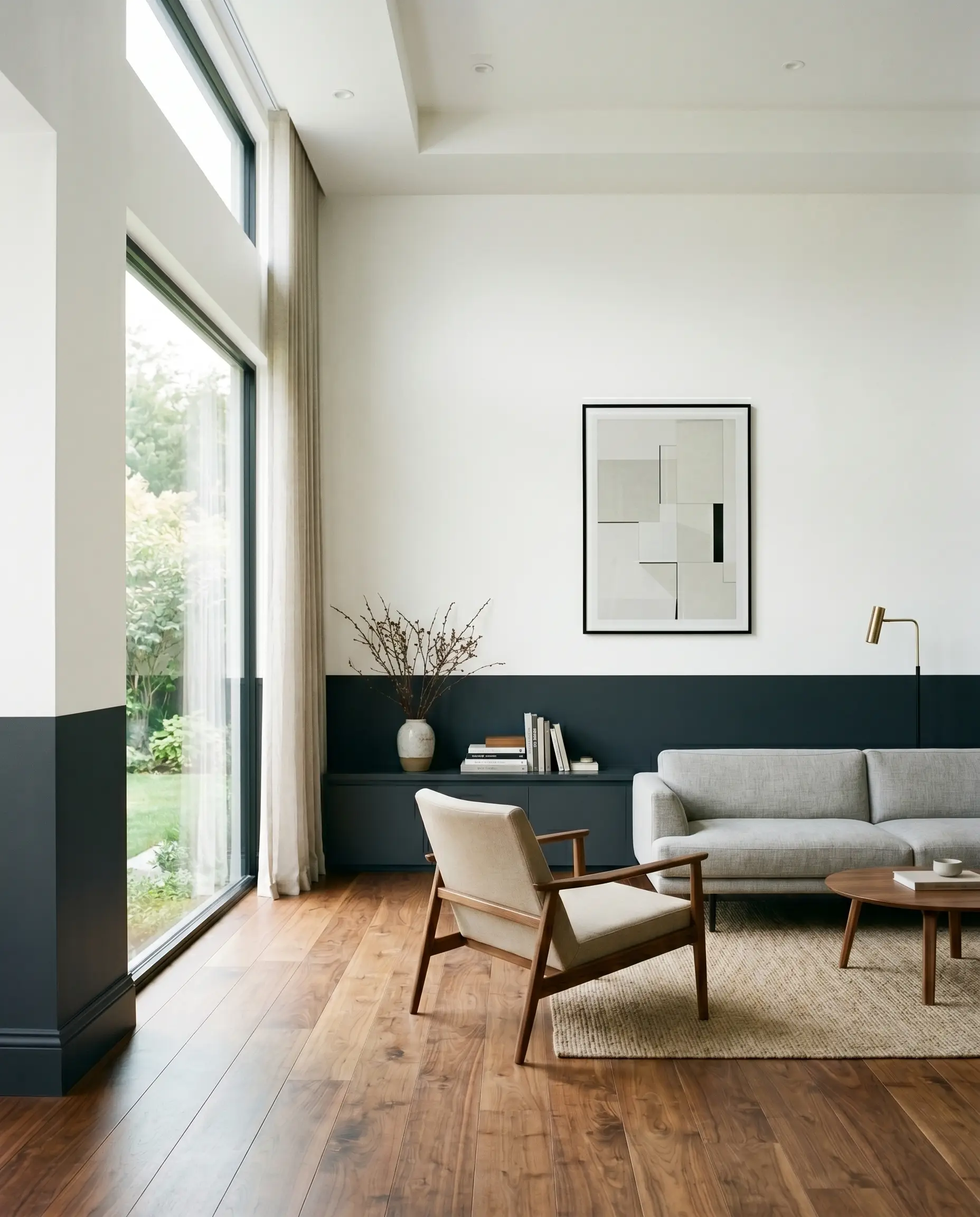 The lower third of contemporary living room walls and baseboards are painted in a deep charcoal-blue, anchoring lightweight seating and warm natural walnut floors.