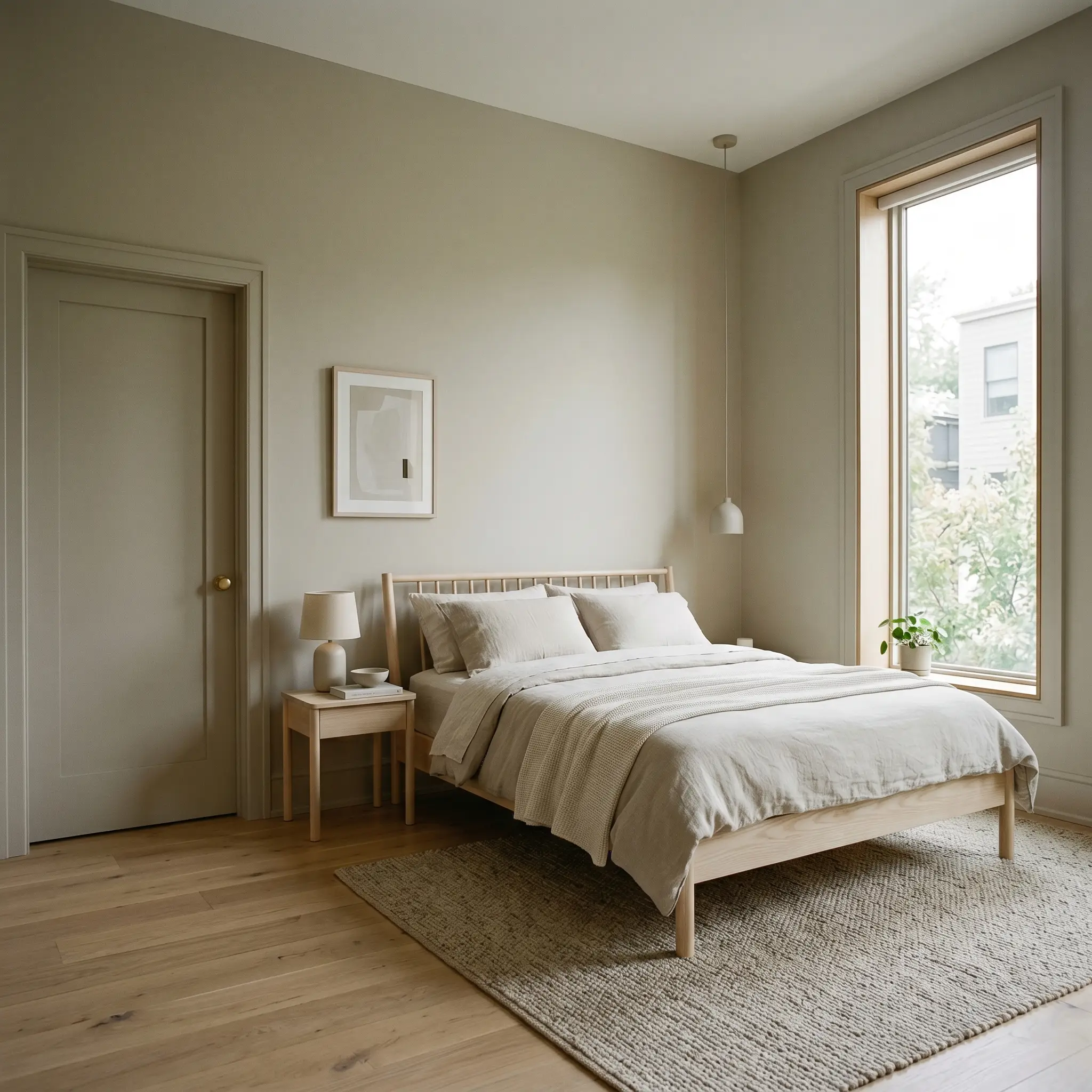 A Scandinavian modern bedroom color-drenched entirely in Benjamin Moore Morning Dew (Hex #DDDCCD) across walls, trim, and doors, complemented by white oak flooring.