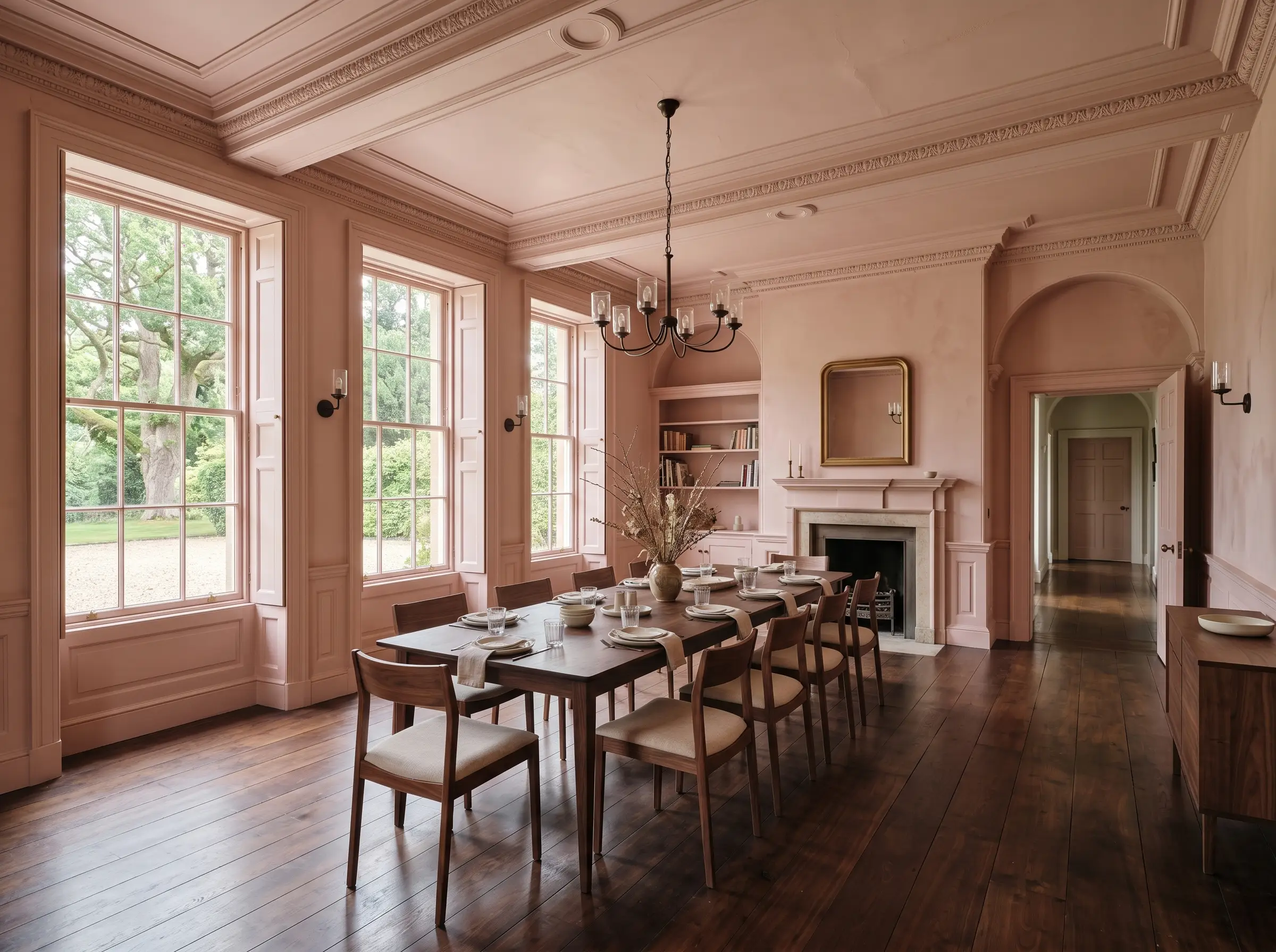 A historic dining space is entirely color-drenched from wainscoting to ceiling in Farrow & Ball Setting Plaster (Hex #d9c0ae), anchored by medium-dark walnut flooring and oil-rubbed bronze fixtures.