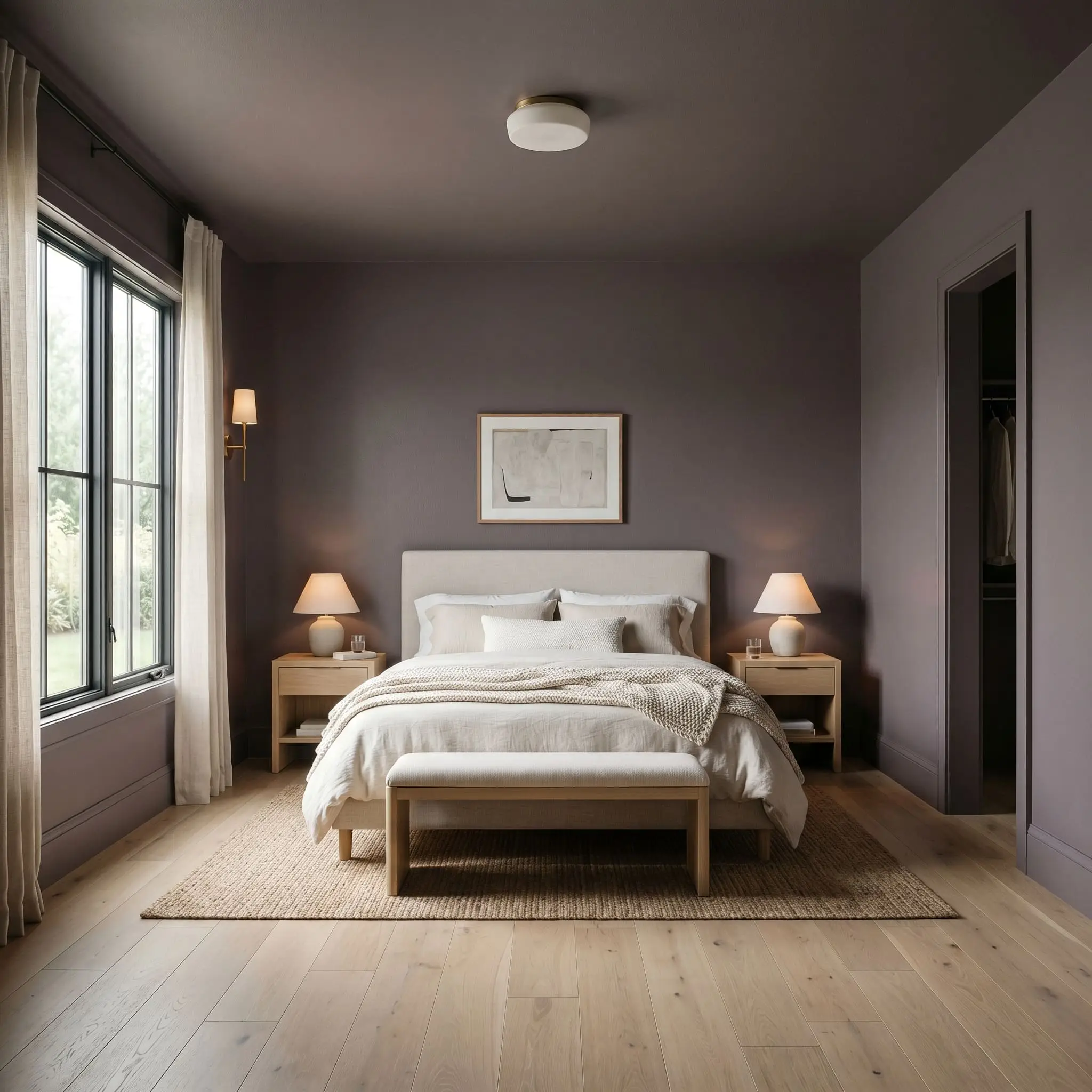 A color-drenched primary bedroom features walls, baseboards, and ceiling painted in Behr Curtain Call (Hex #70666A) surrounding a linen upholstered bed and white oak flooring.